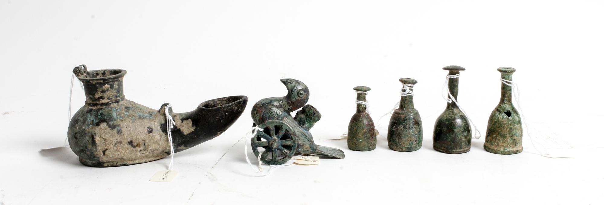 A Group of Six Roman Bronze Articles Width of largest 3 1/2 inches.