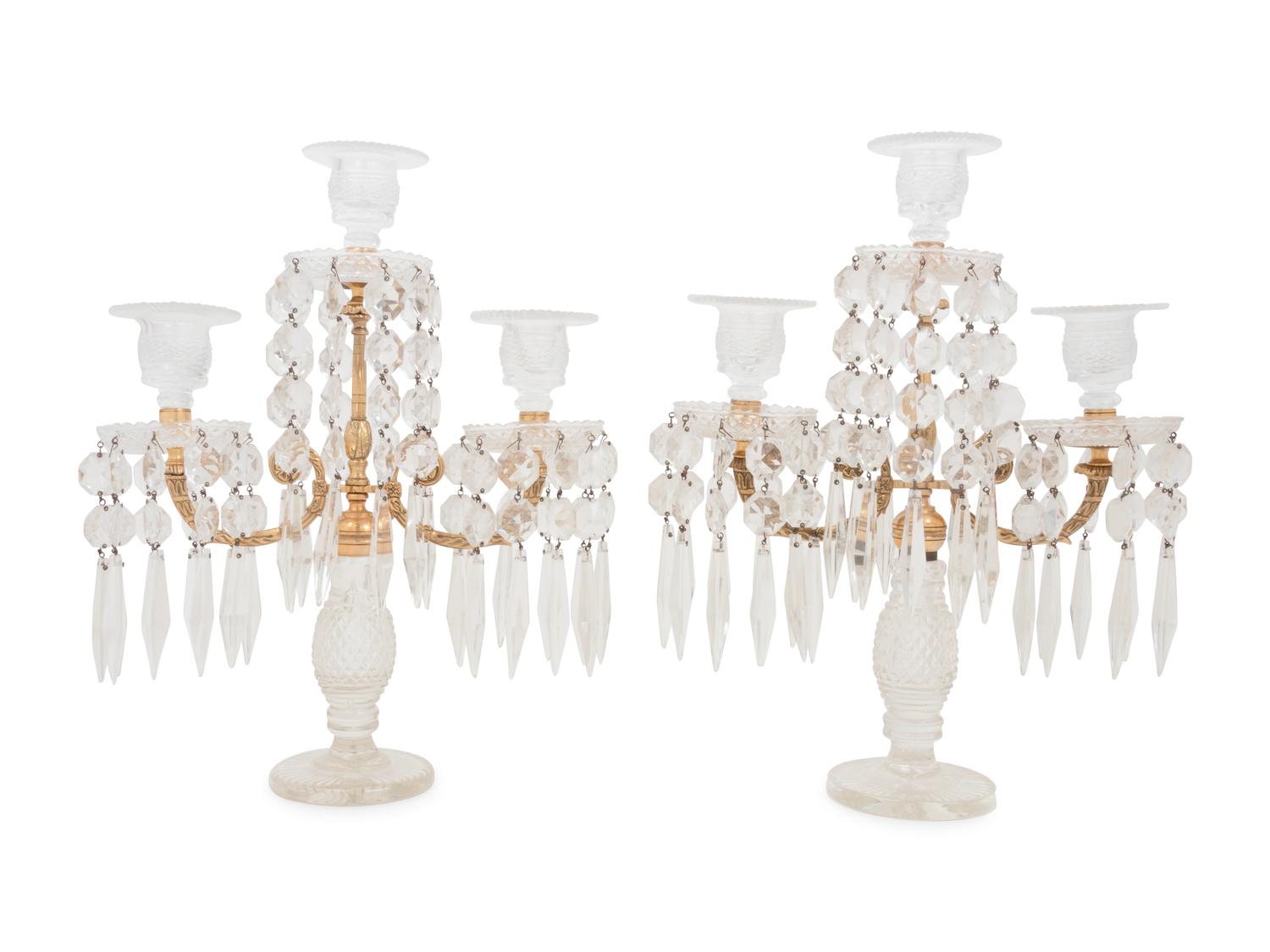 A Pair of French Gilt Bronze and Cut Glass Three-Light Candelabra