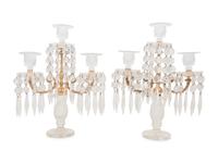 A Pair of French Gilt Bronze and Cut Glass Three-Light Candelabra