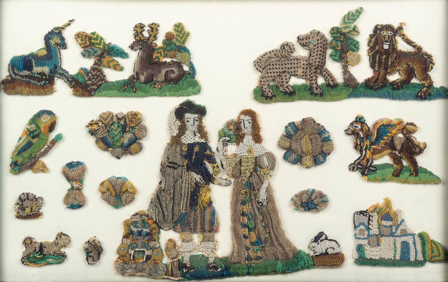A Group of English Beadworks in a Flemish Tortoise Shell and Ebonized Ripple-Molded Frame