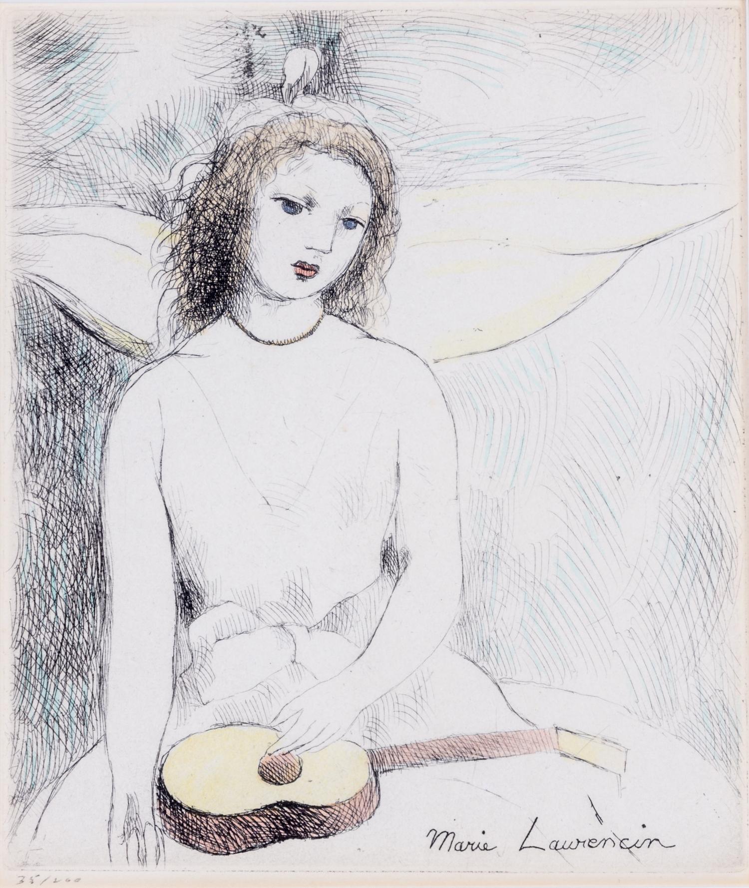 LAURENCIN, MARIE Girl with Guitar. c. 1935. Hand-colored etching. Signed by the artist at the lower right. Numbered 35/200.