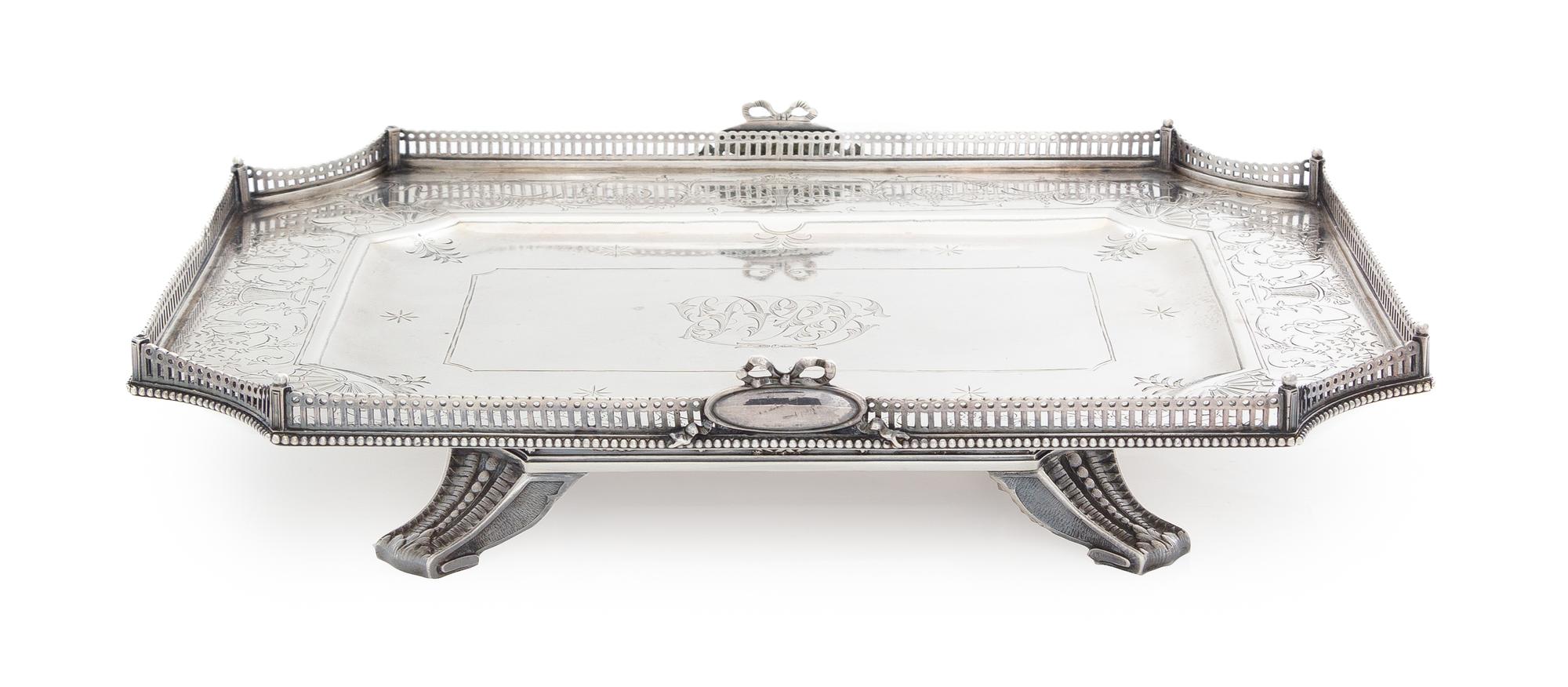 An American Silver Vide Poche, Tiffany & Co., New York, NY, Early 20th Century, of rectangular form with concave corners, the pierced g