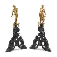 A Pair of French Gilt and Patinated Bronze Figural Chenets