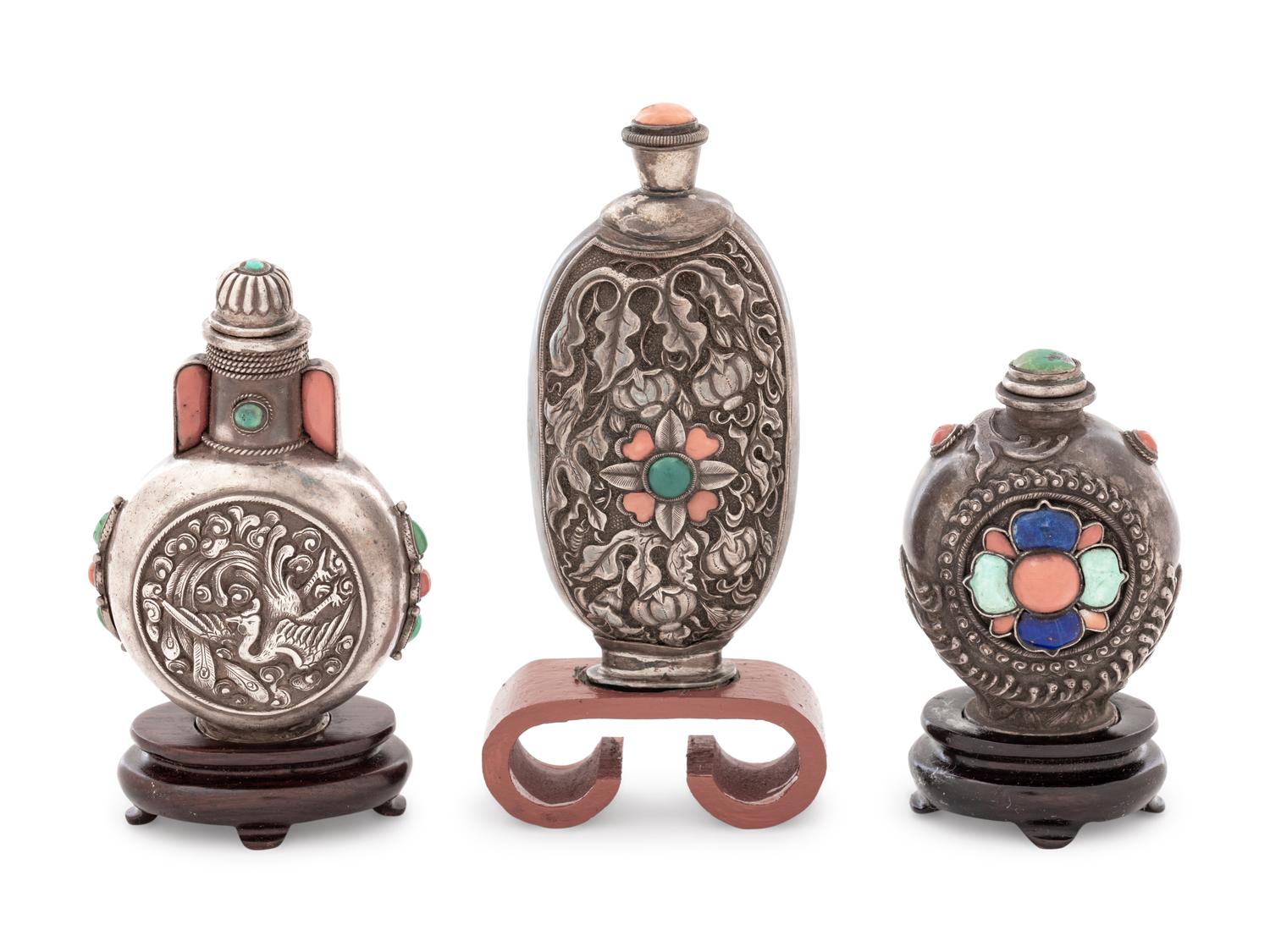 Three Chinese Hardstone Mounted Silver Snuff Bottles