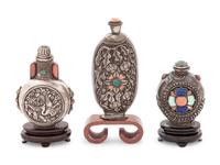 Three Chinese Hardstone Mounted Silver Snuff Bottles