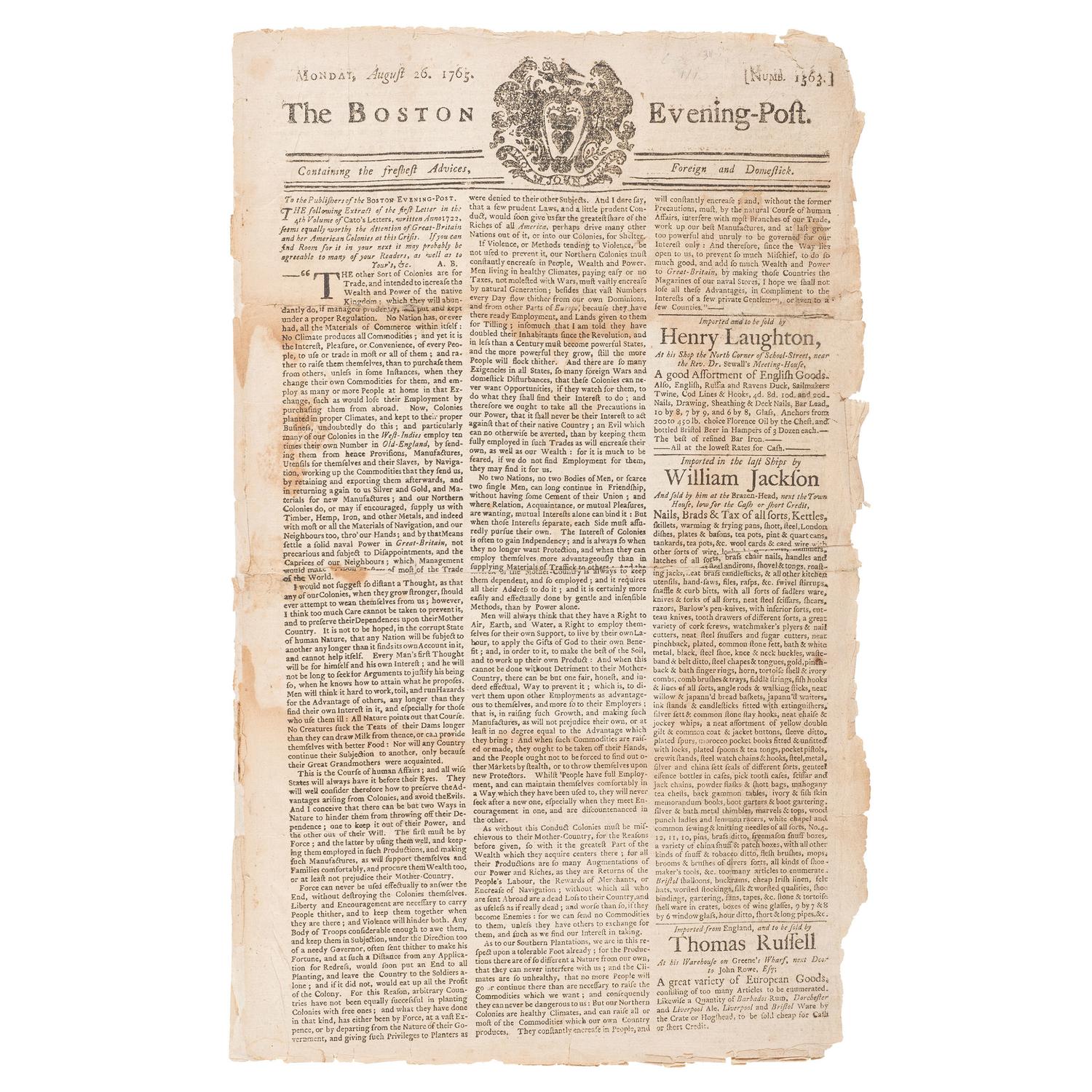 Colonial America and the British Mercantile System of Economics Discussed in The Boston Evening Post , 1765