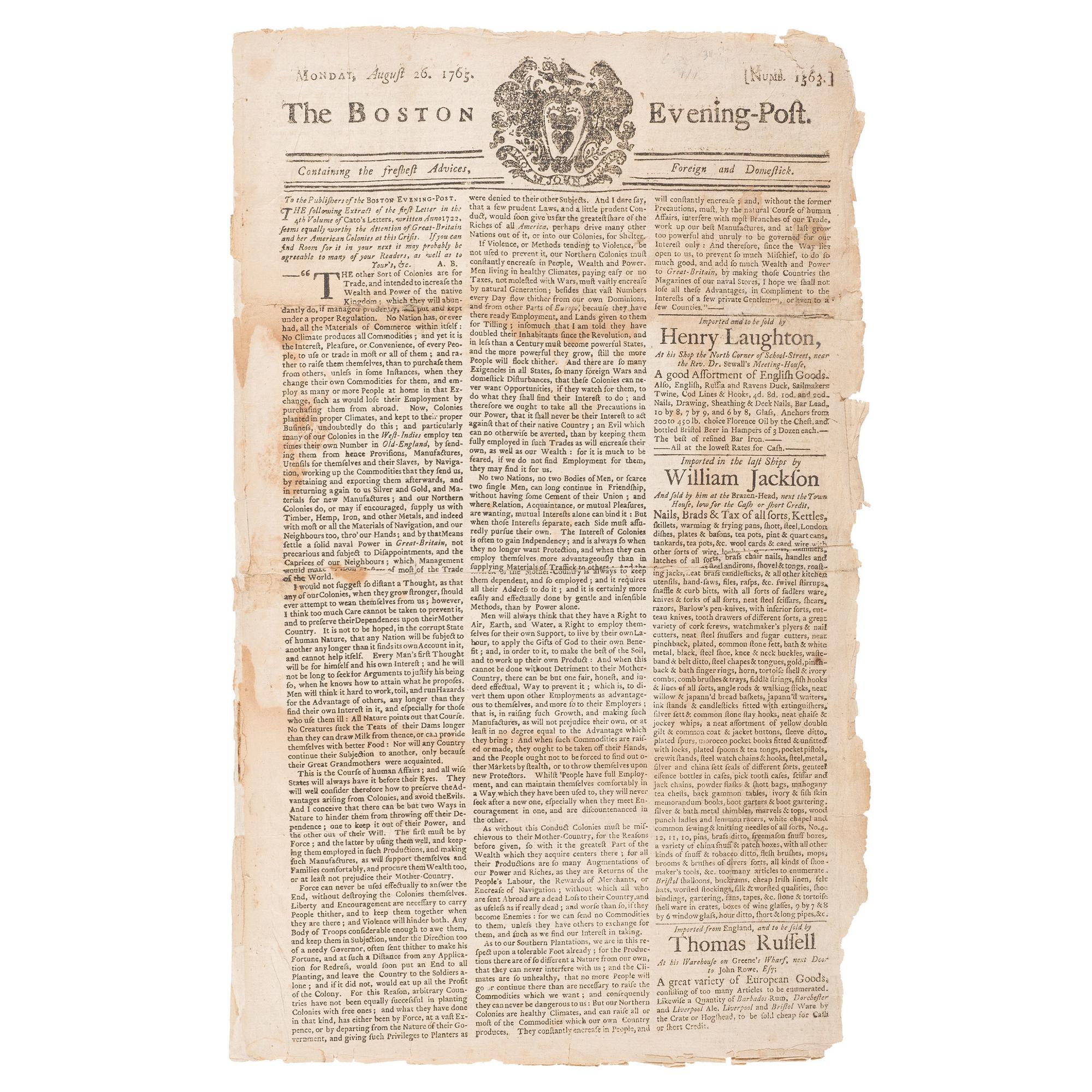 Colonial America and the British Mercantile System of Economics Discussed in The Boston Evening Post , 1765