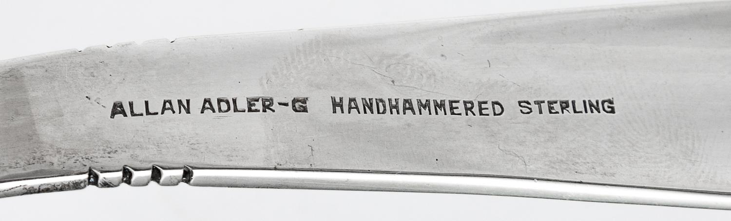 A Pair of American Silver Sandwich Tongs, Alan Adler, Los Angeles, CA, 20th Century, each having a spot-hammered finish with banded dec