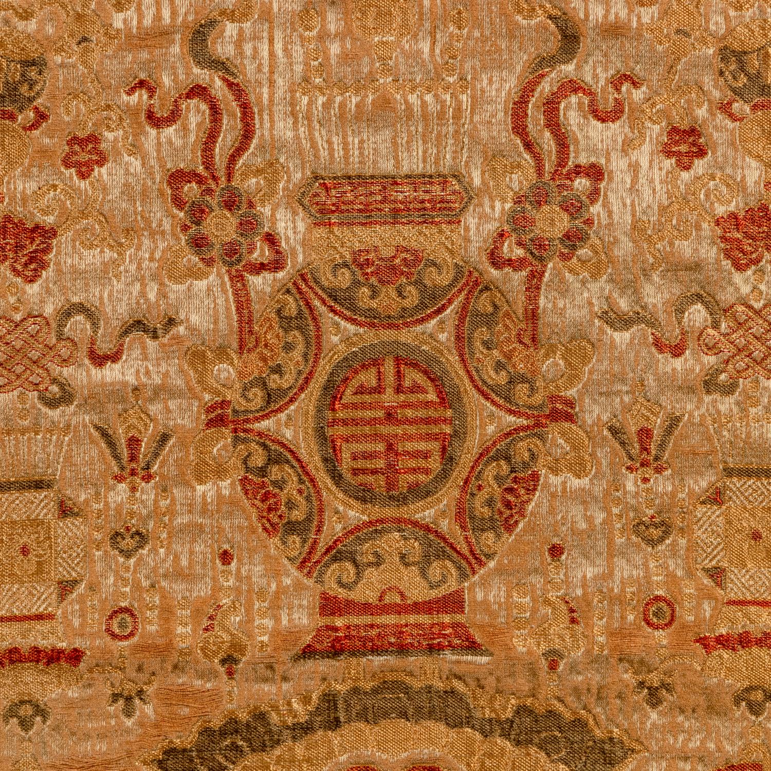 Two Chinese Silk Rectangular Panels, 19th Century 清晚期 織錦壽字紋椅披及石青緞牡丹紋綉片一幅
