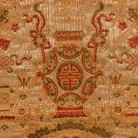 Two Chinese Silk Rectangular Panels, 19th Century 清晚期 織錦壽字紋椅披及石青緞牡丹紋綉片一幅