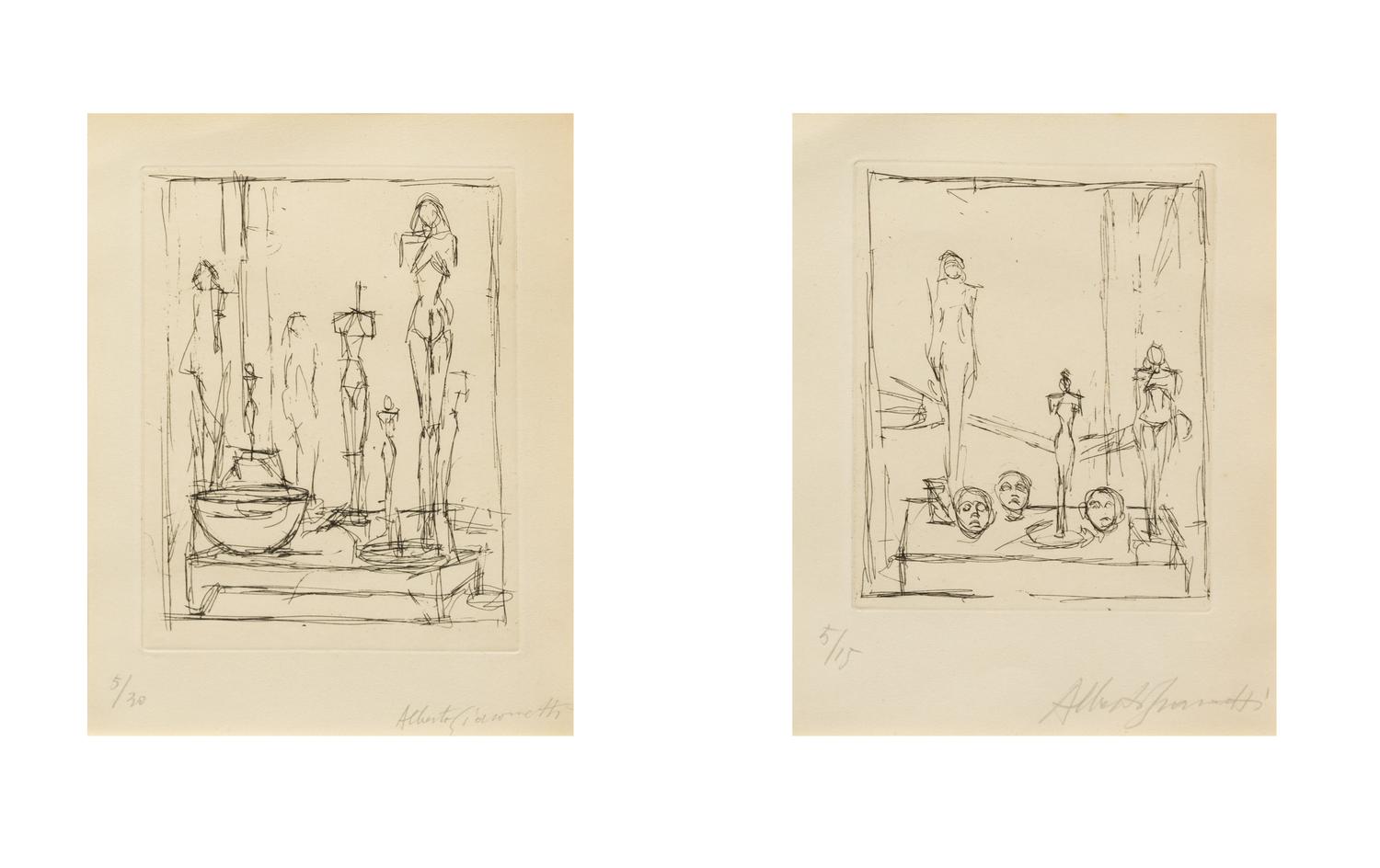 Alberto Giocometti, (Swiss, 1901-1966, Characters in a Studio II (from Regard sur la peinture by Pierre Lob), 1950, and Untitled (Sculp