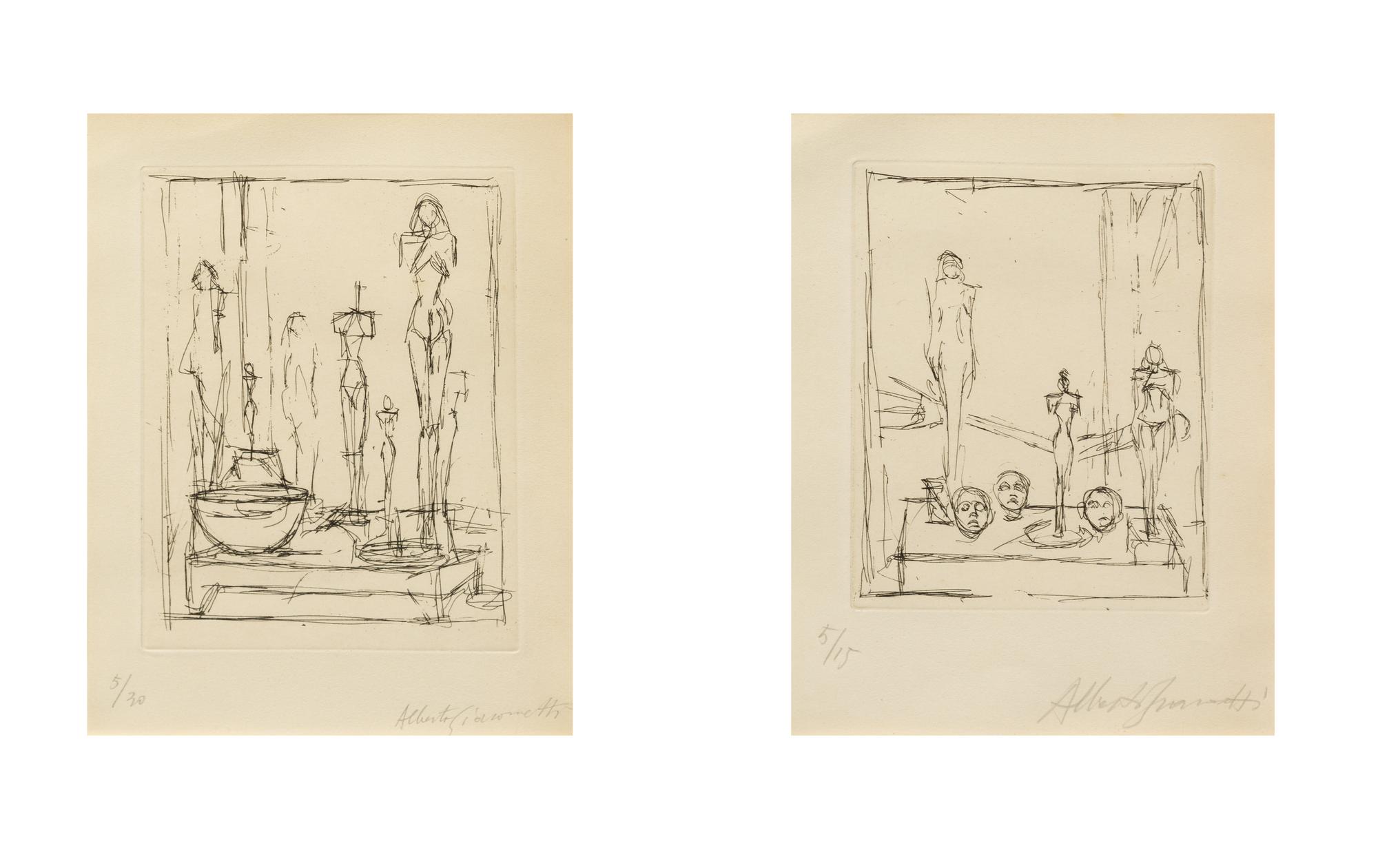 Alberto Giocometti, (Swiss, 1901-1966, Characters in a Studio II (from Regard sur la peinture by Pierre Lob), 1950, and Untitled (Sculp