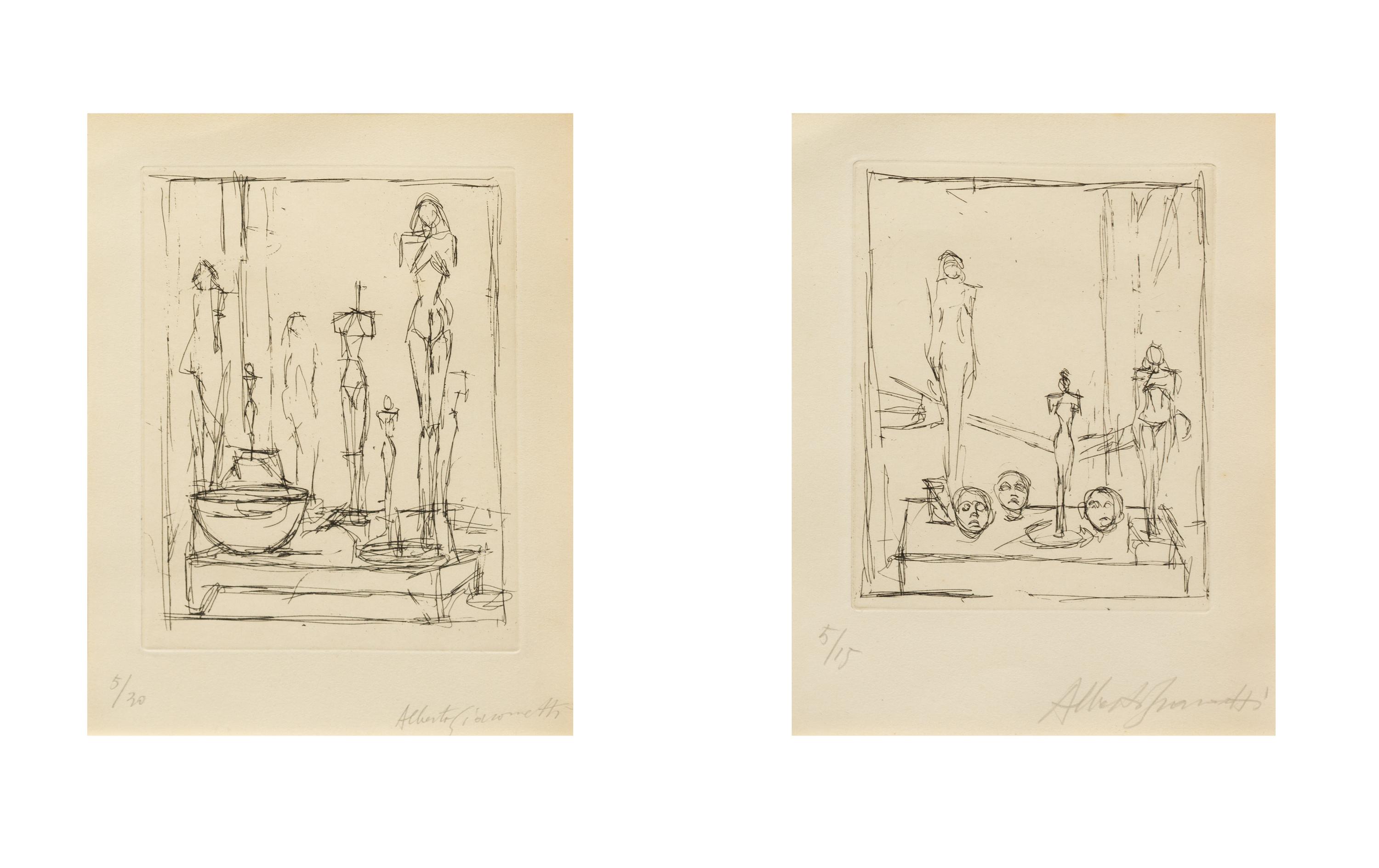 Alberto Giocometti, (Swiss, 1901-1966, Characters in a Studio II (from Regard sur la peinture by Pierre Lob), 1950, and Untitled (Sculp