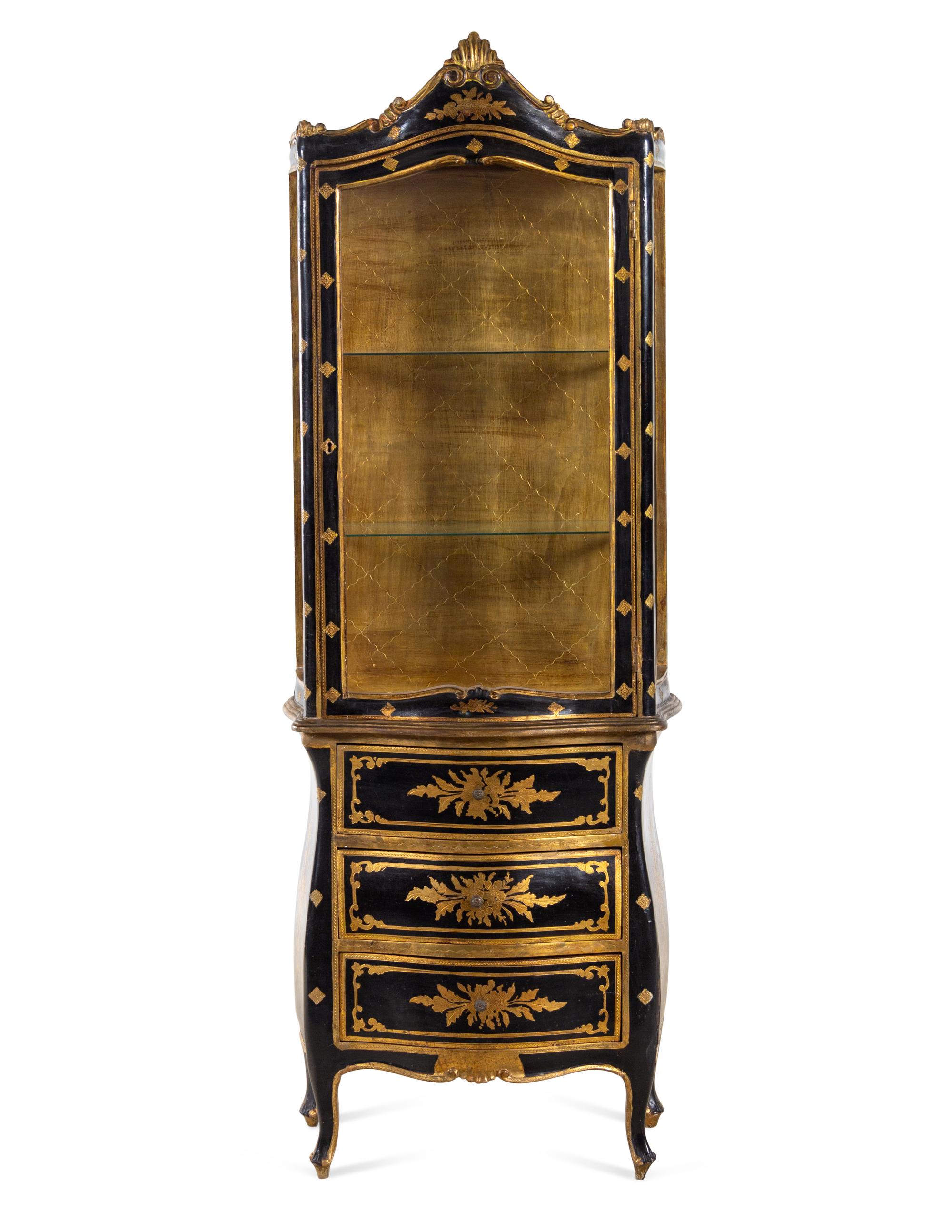 An Italian Parcel Gilt Ebonized Vitrine Cabinet