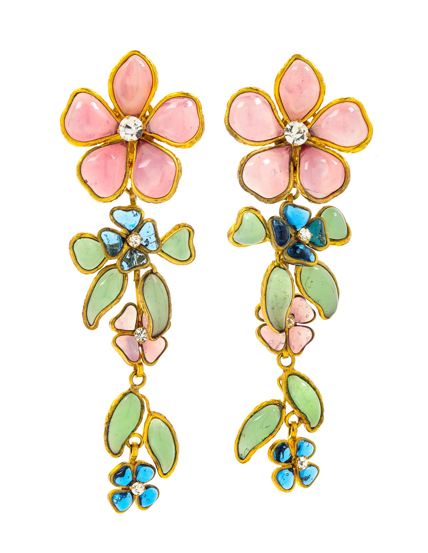 A Pair of Chanel Floral Gripoix Earclips, Flower: 1.25" x 1.25"; Drop: 3.45".