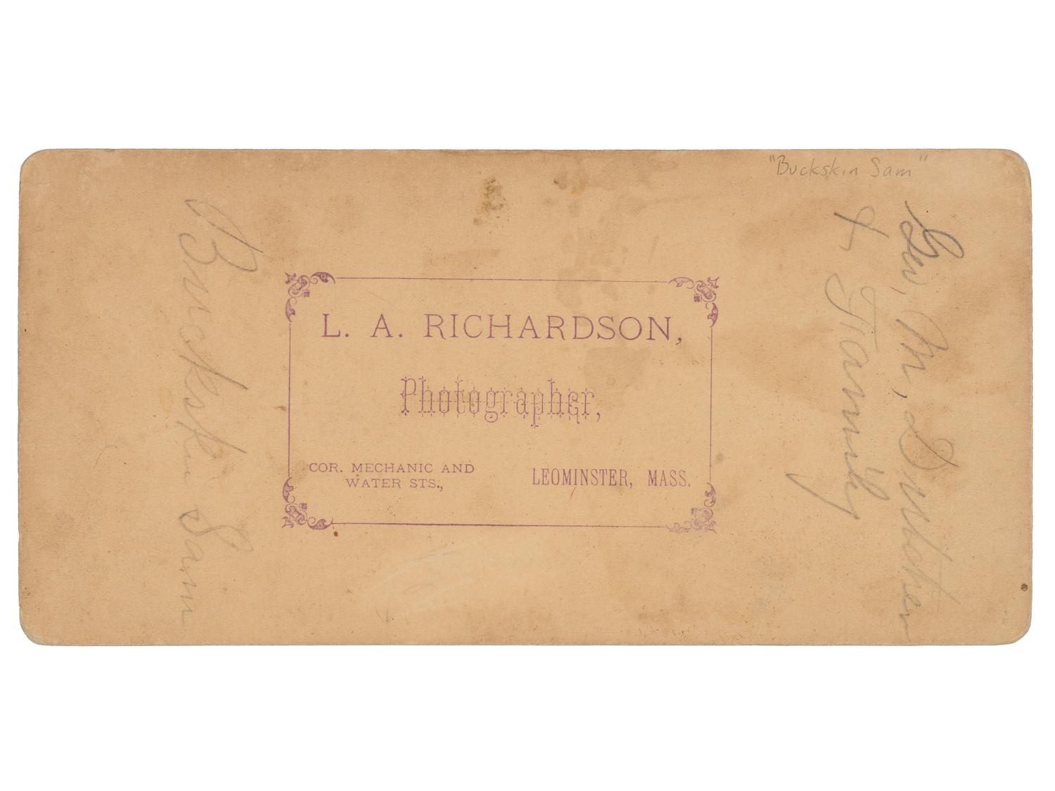 [WESTERN AMERICANA]. Stereoview portrait of Maj. Samuel S. "Buckskin Sam" Hall & the Dutcher family.