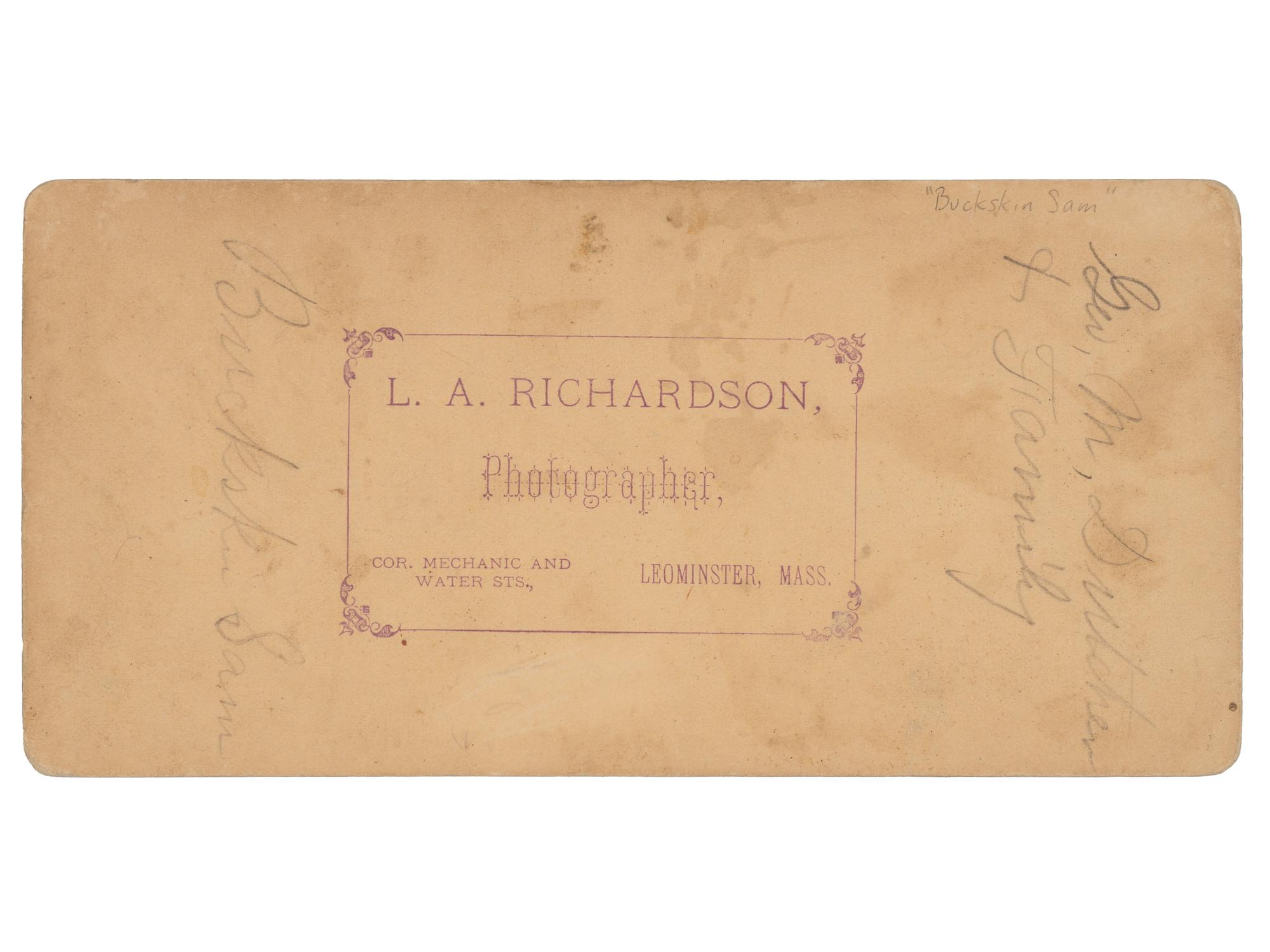[WESTERN AMERICANA]. Stereoview portrait of Maj. Samuel S. "Buckskin Sam" Hall & the Dutcher family.