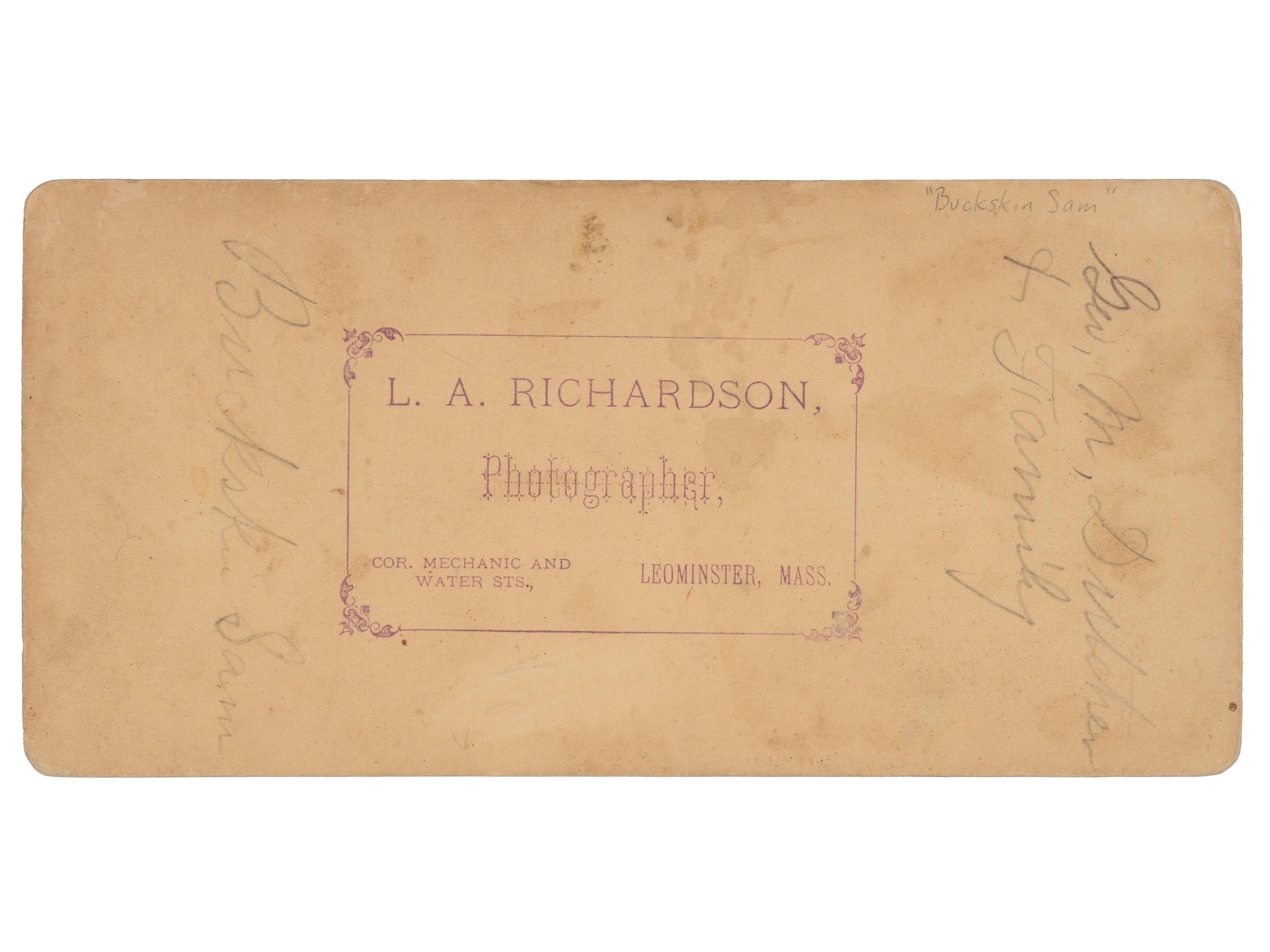 [WESTERN AMERICANA]. Stereoview portrait of Maj. Samuel S. "Buckskin Sam" Hall & the Dutcher family.