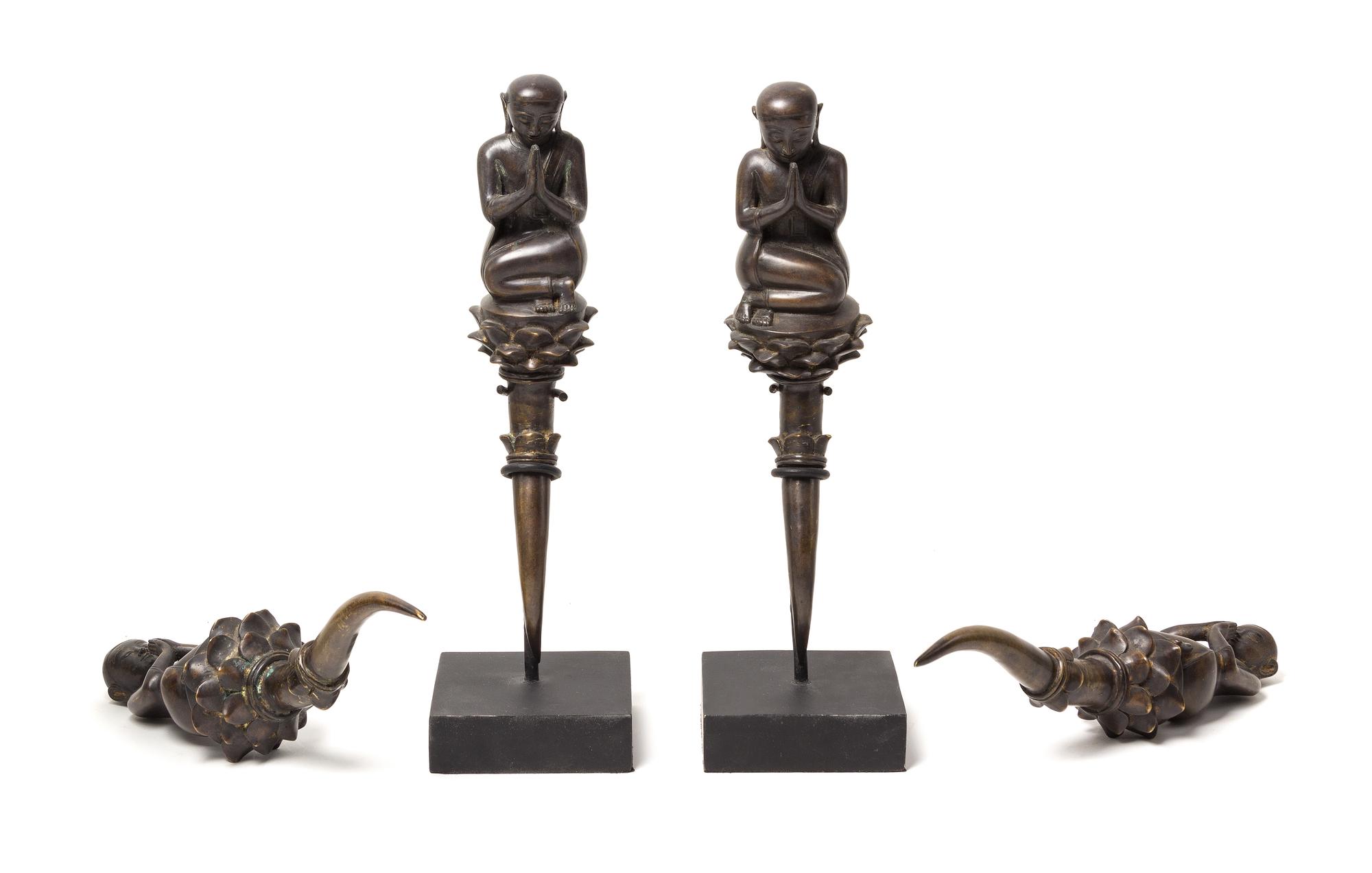 A Group of Four Burmese Bronze Figures Height 13 1/2 inches.