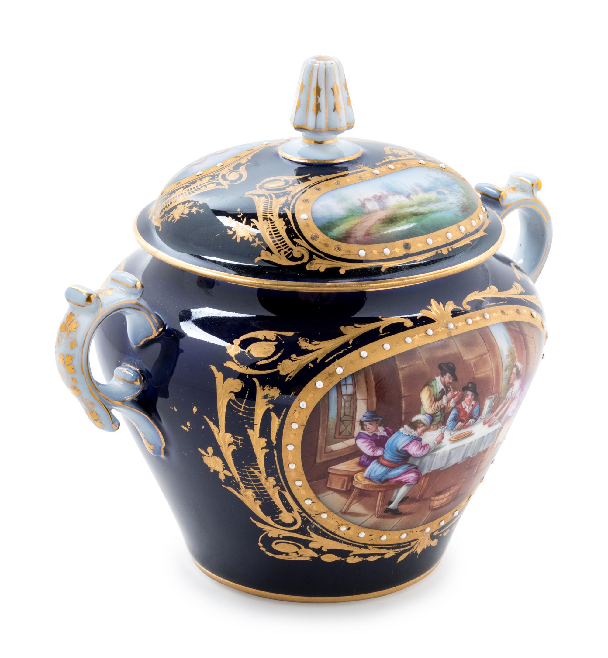 A Sèvres Style Painted, Parcel Gilt and "Jeweled" Porcelain Covered Jar