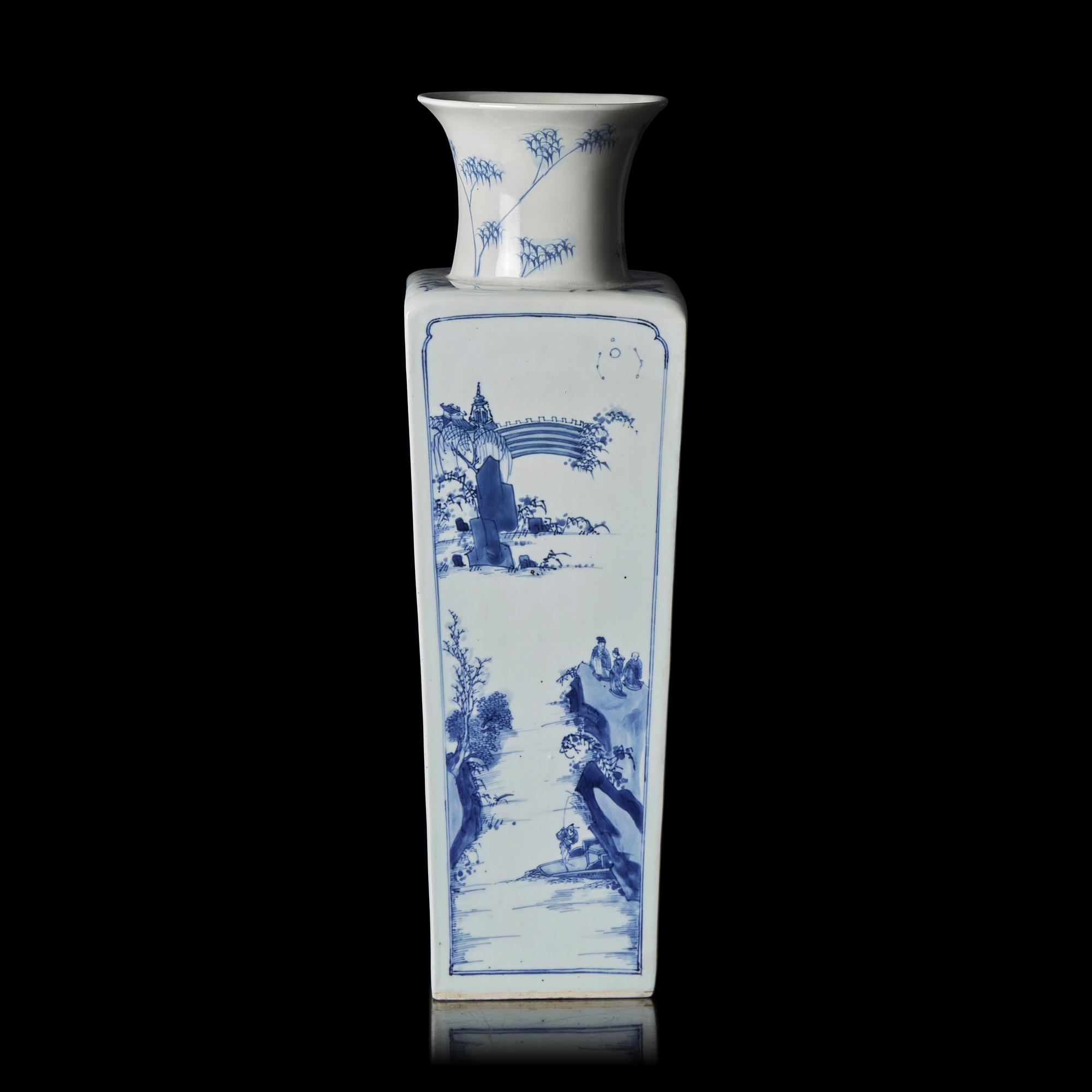 A Chinese Blue and White 'Odes on the Red Cliff' Square Vase, Kangxi Mark and od The Period, Circa 1690s 清康熙 青花赤壁賦山水詩文四方瓶