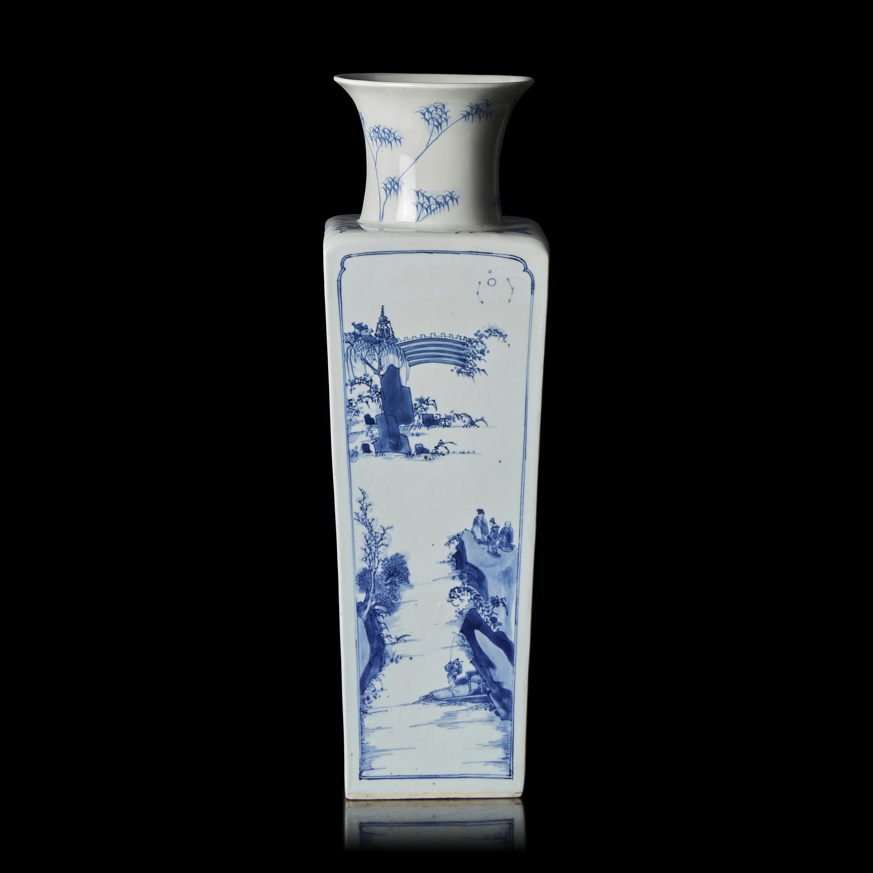 A Chinese Blue and White 'Odes on the Red Cliff' Square Vase, Kangxi Mark and od The Period, Circa 1690s 清康熙 青花赤壁賦山水詩文四方瓶