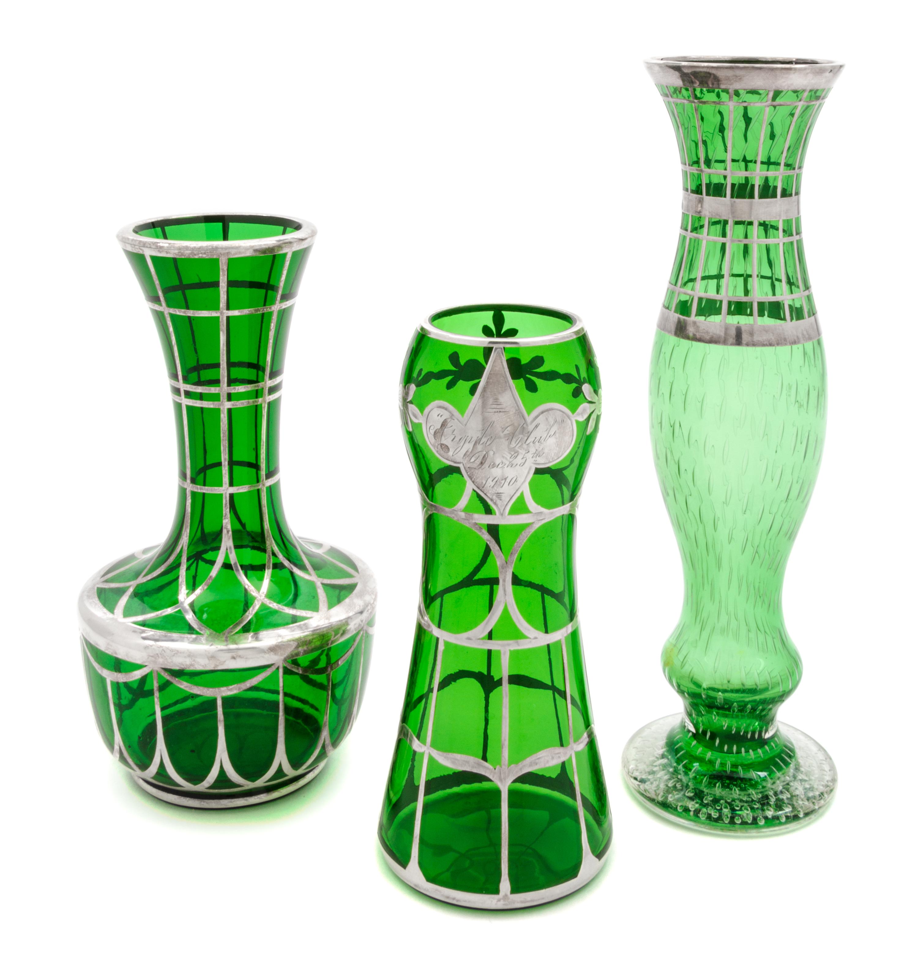 Three Silver Overlay Glass Vases Height of tallest 9 1/2 inches.