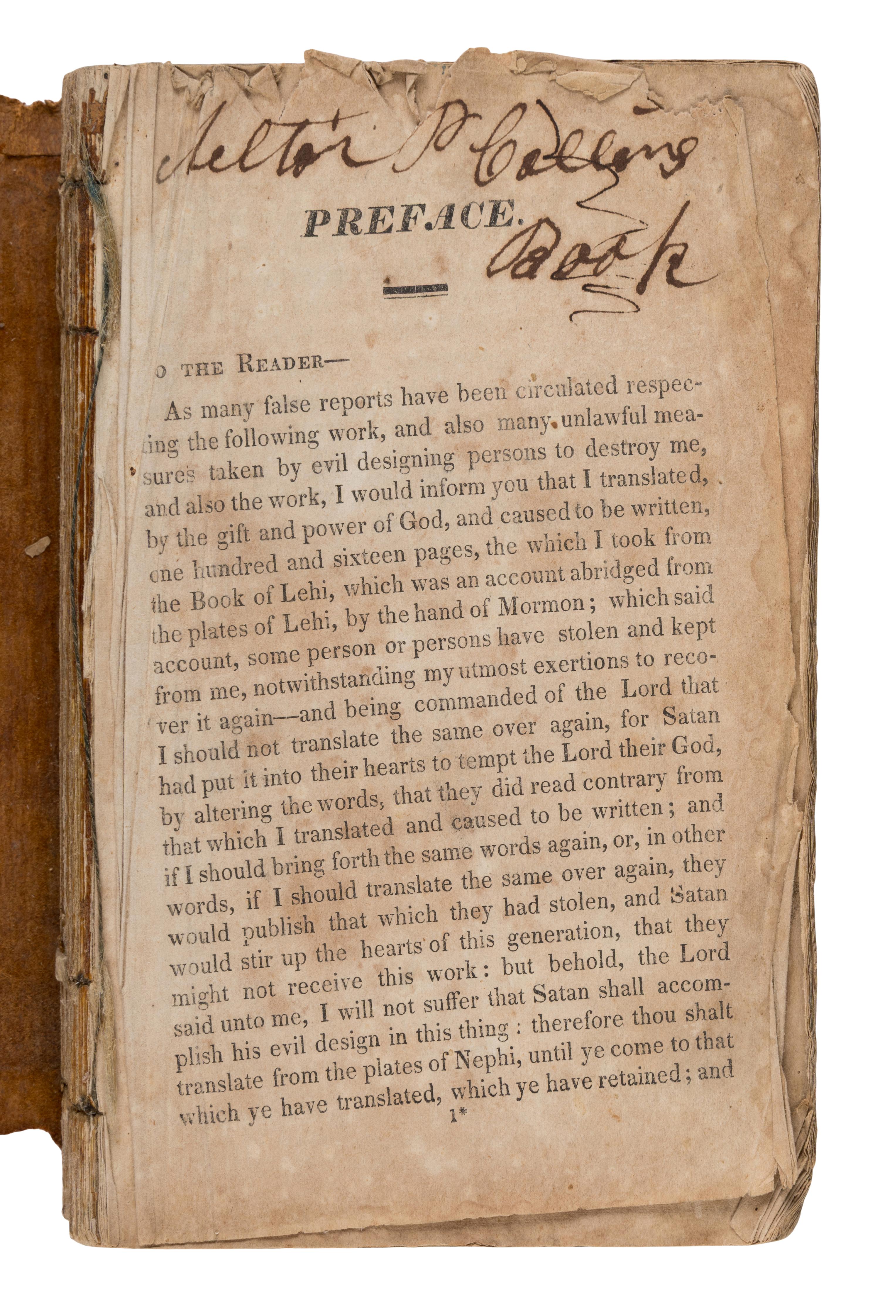 Smith, Joseph (1805-1844). [ The Book of Mormon: An Account Written by the Hand of Mormon, Upon Plates Taken From the Plates of Nephi . Palmyra: Printed by E.B. Grandin, For the Author, 1830].