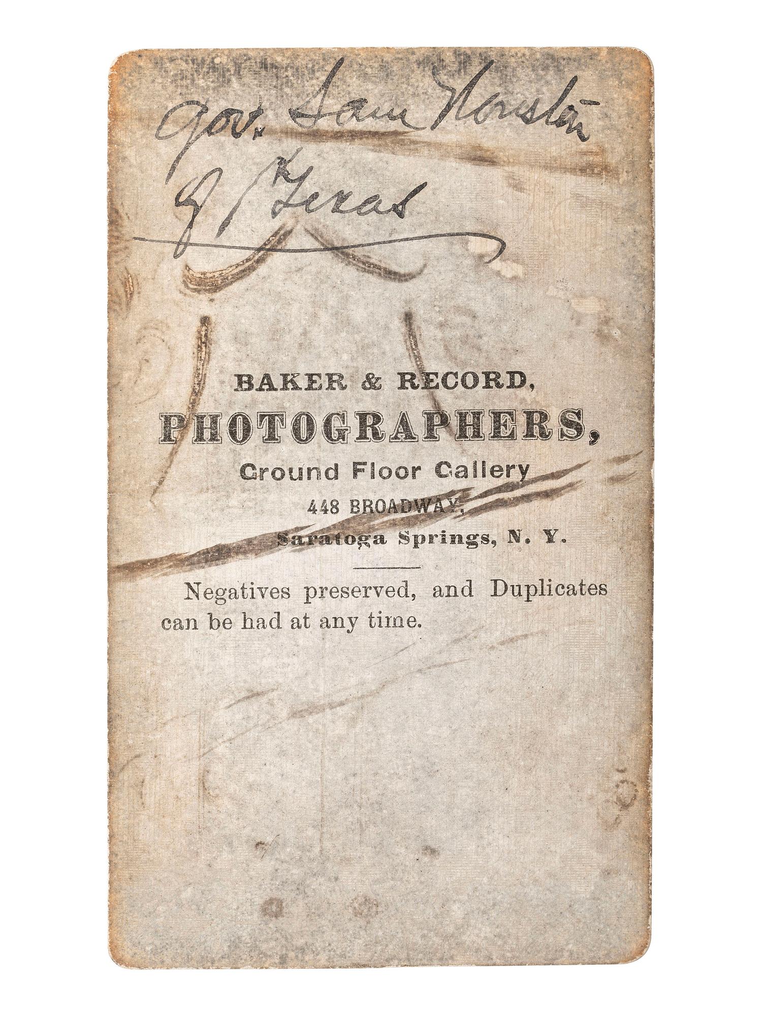 [WESTERN AMERICANA] -- [HOUSTON, Sam (1793-1863)]. BAKER & RECORD, photographers. Period copy CDV of Sam Houston. Saratoga Springs, NY.