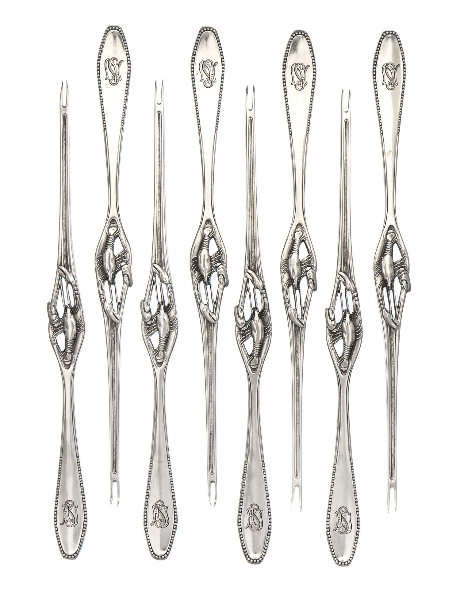 A Set of Eight German Silver Lobster Forks, Bruckmann & Sohne, Heilbronn, Early 20th Century, each having a beaded handle, the neck wor