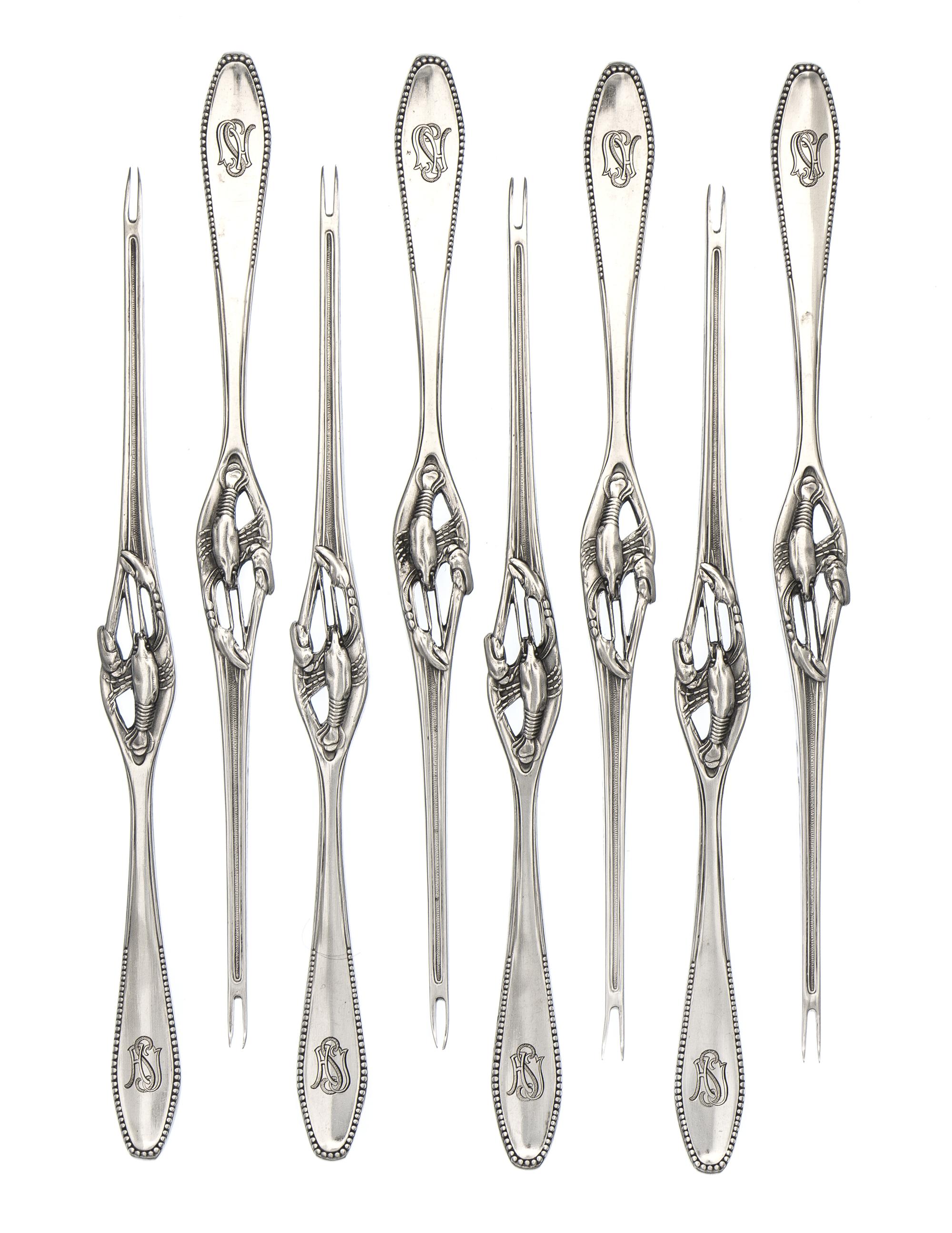 A Set of Eight German Silver Lobster Forks, Bruckmann & Sohne, Heilbronn, Early 20th Century, each having a beaded handle, the neck wor