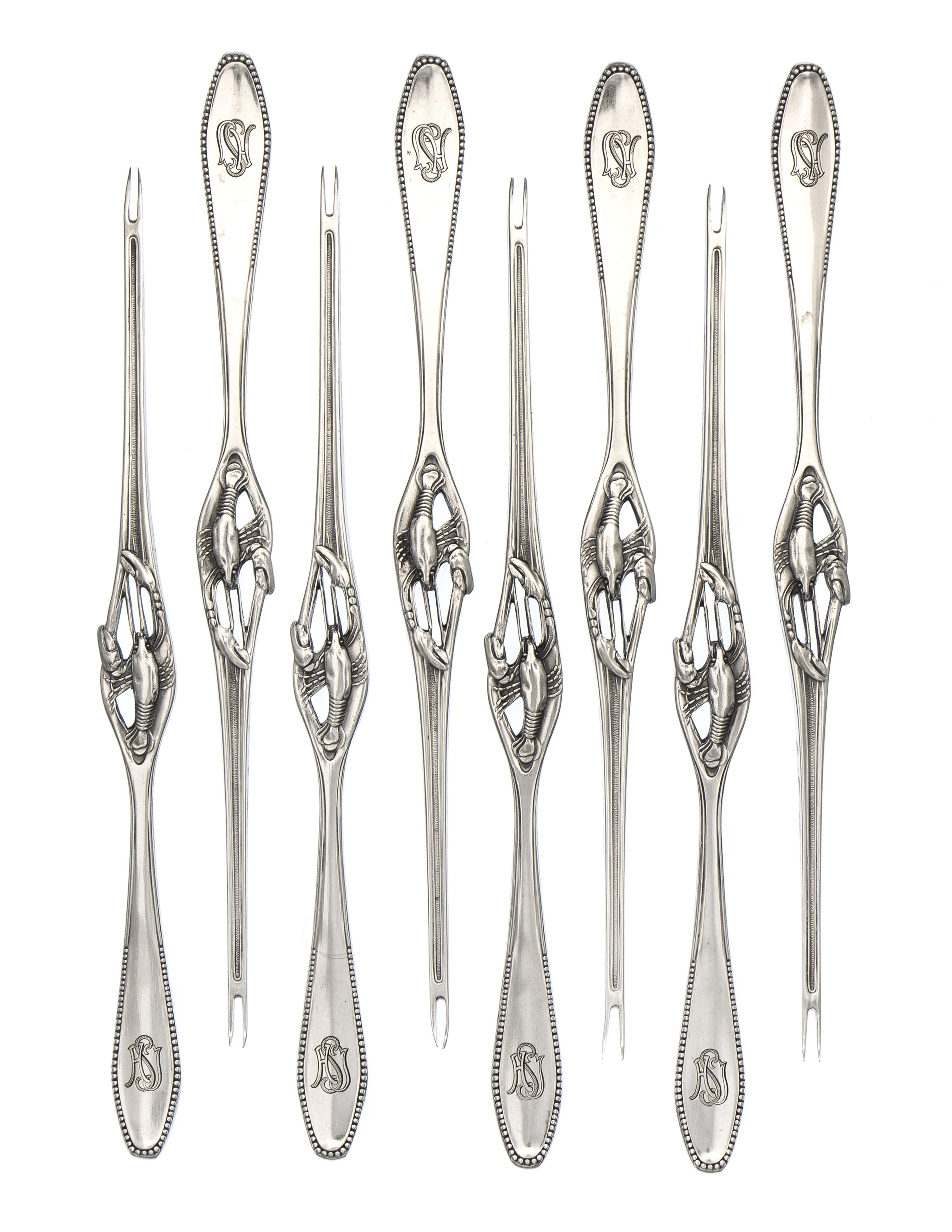 A Set of Eight German Silver Lobster Forks, Bruckmann & Sohne, Heilbronn, Early 20th Century, each having a beaded handle, the neck wor