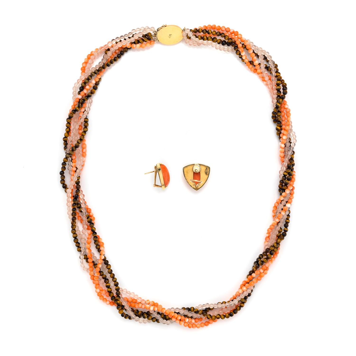 YELLOW GOLD, CORAL AND MULTIGEM NECKLACE AND EARRINGS