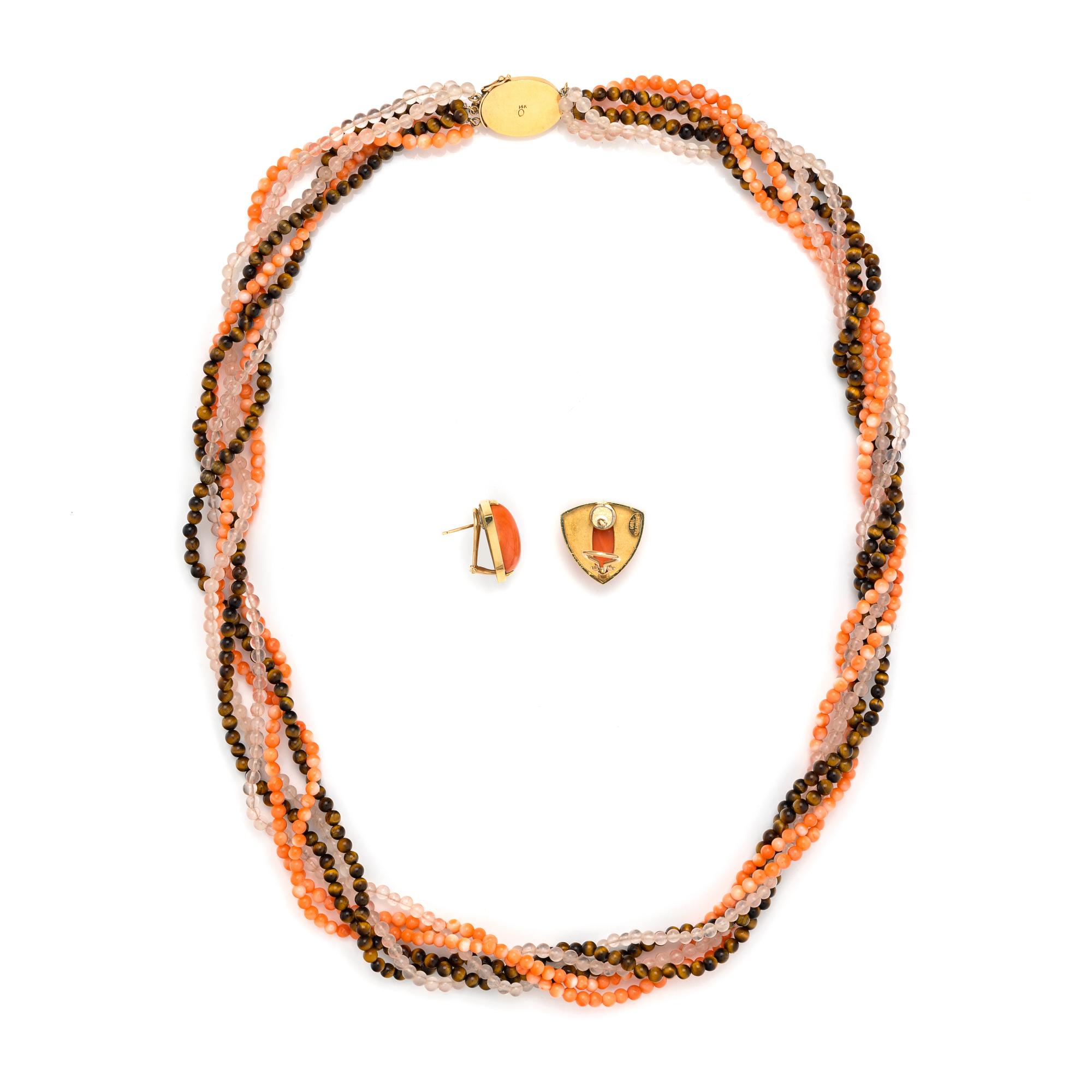 YELLOW GOLD, CORAL AND MULTIGEM NECKLACE AND EARRINGS