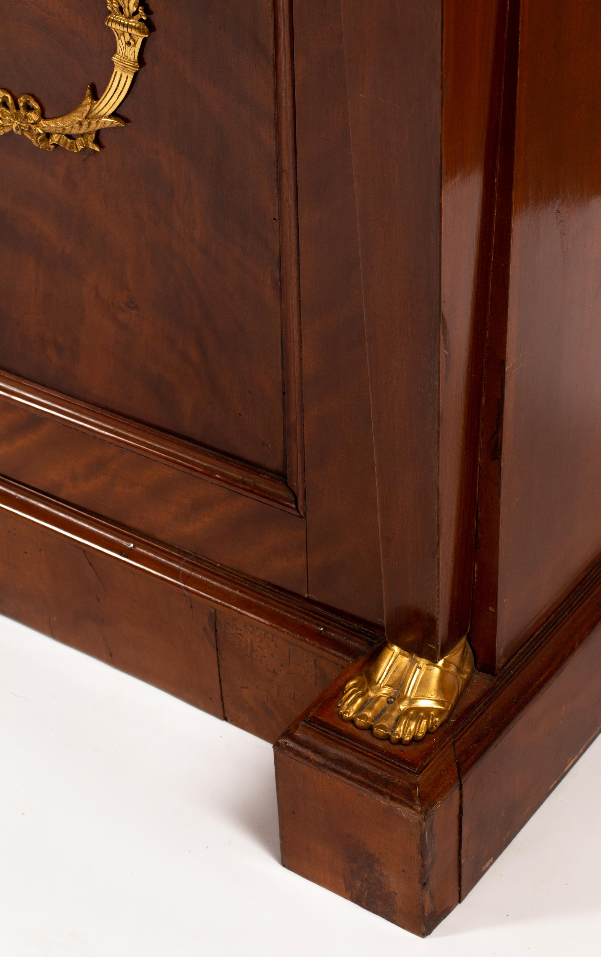 A Pair of Empire Style Gilt Bronze Mounted Cabinets with Specimen Marble Tops