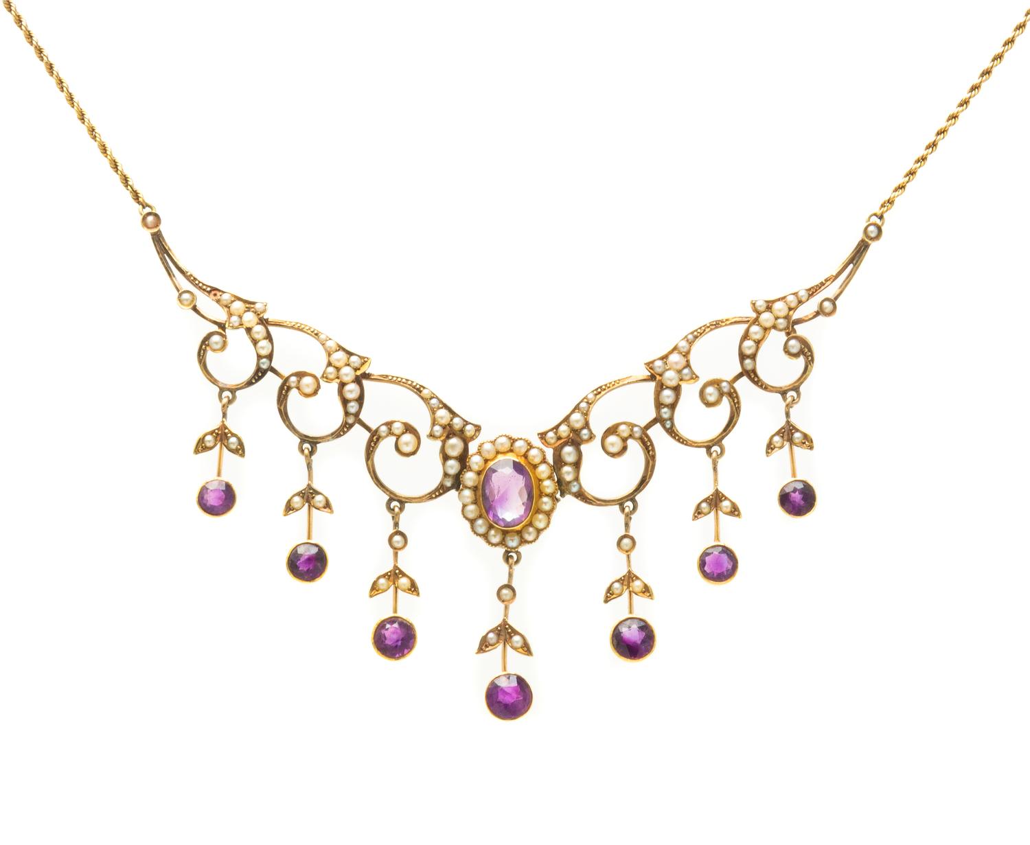An Edwardian 14 Karat Yellow Gold, Amethyst and Pearl Fringe Necklace, 7.70 dwts.