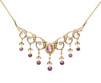 An Edwardian 14 Karat Yellow Gold, Amethyst and Pearl Fringe Necklace, 7.70 dwts.