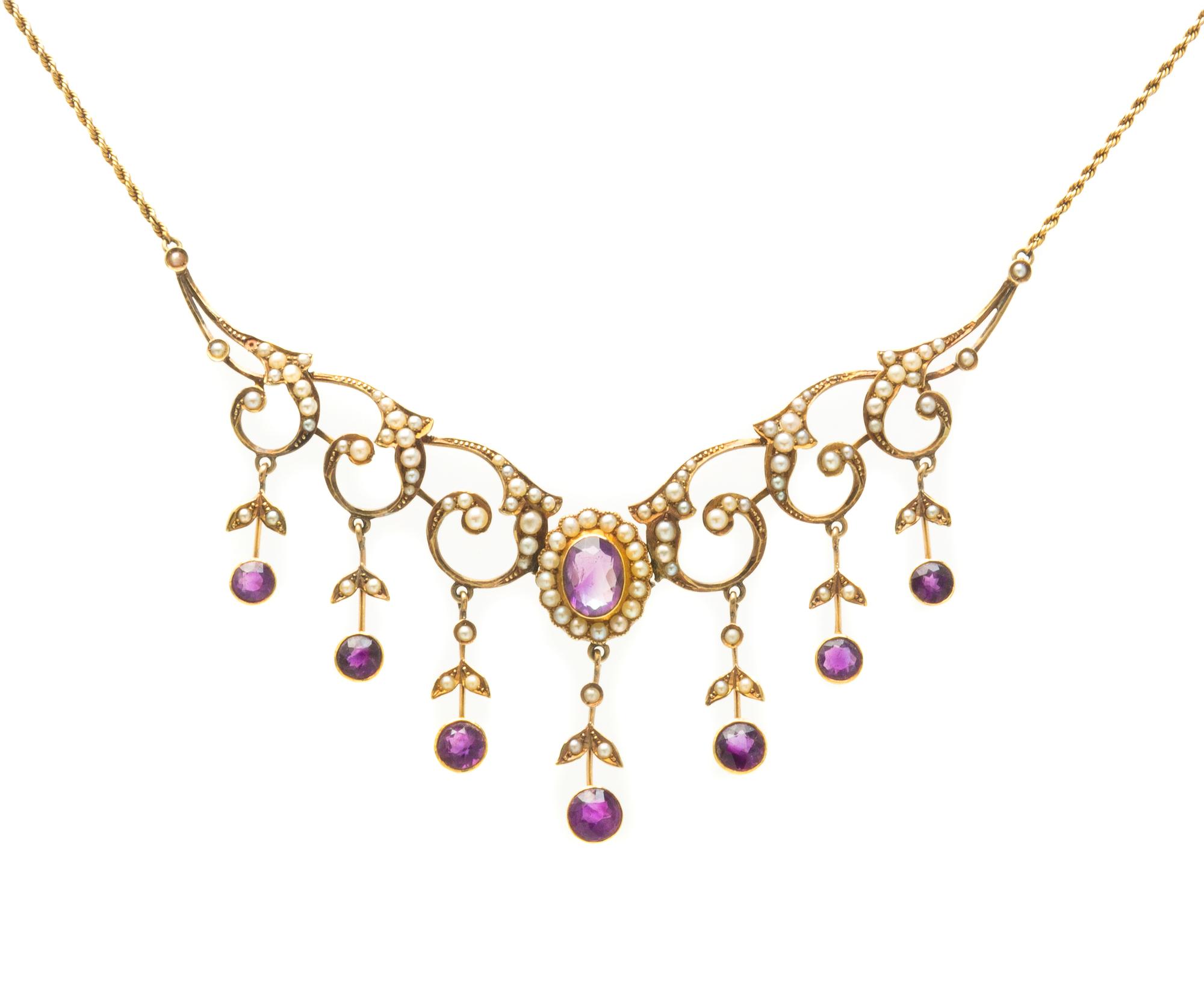 An Edwardian 14 Karat Yellow Gold, Amethyst and Pearl Fringe Necklace, 7.70 dwts.