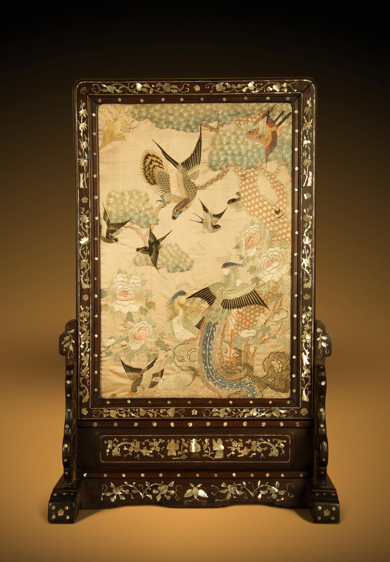 A Embroidered Silk Panel Inset Mother-of-Pearl Inlaid Hongmu Table Screen