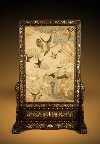 A Embroidered Silk Panel Inset Mother-of-Pearl Inlaid Hongmu Table Screen