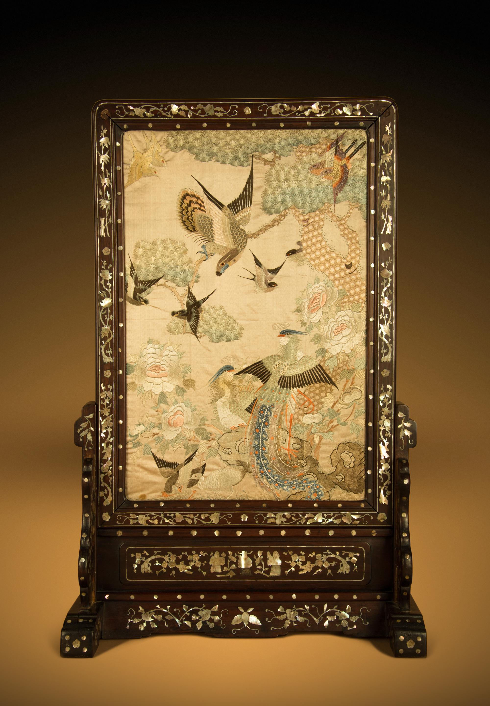A Embroidered Silk Panel Inset Mother-of-Pearl Inlaid Hongmu Table Screen