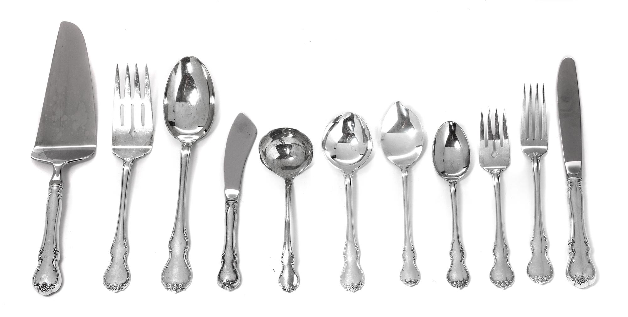 An American Silver Partial Flatware Service, Towle Silversmiths, Newburyport, MA, in French Provincial pattern, comprising: 12 dinner k