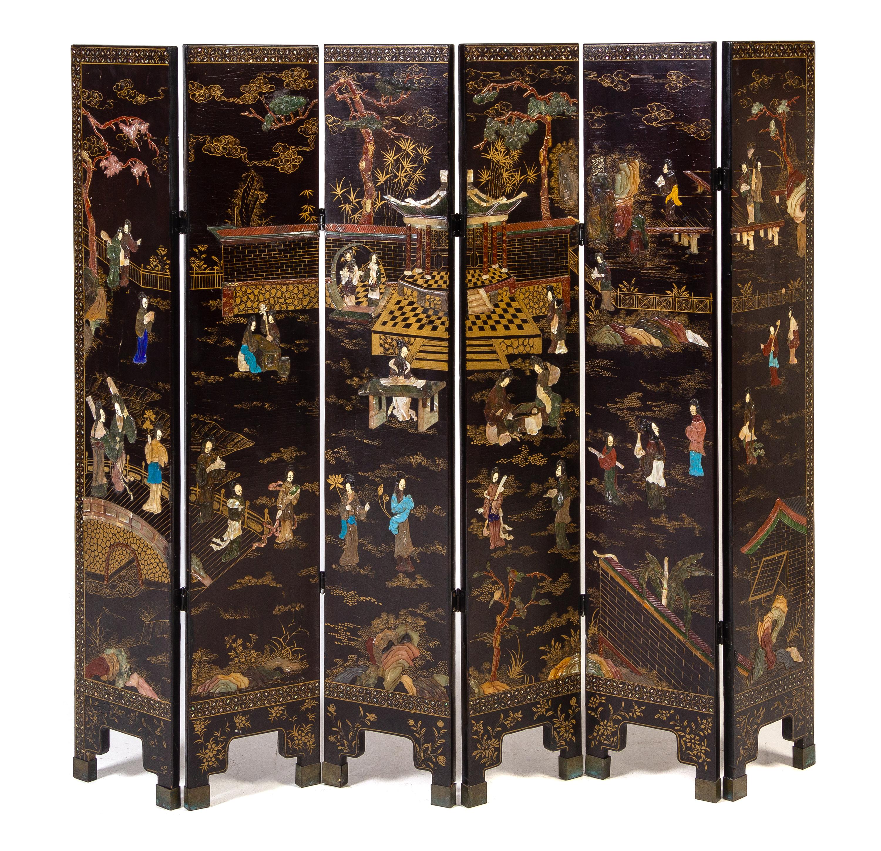 A Chinese Lacquered, Stone and Mother-of-Pearl Inset Six-Panel Screen Height 49 x width of each panel 9 1/2 inches. — 19TH/20TH CENTURY