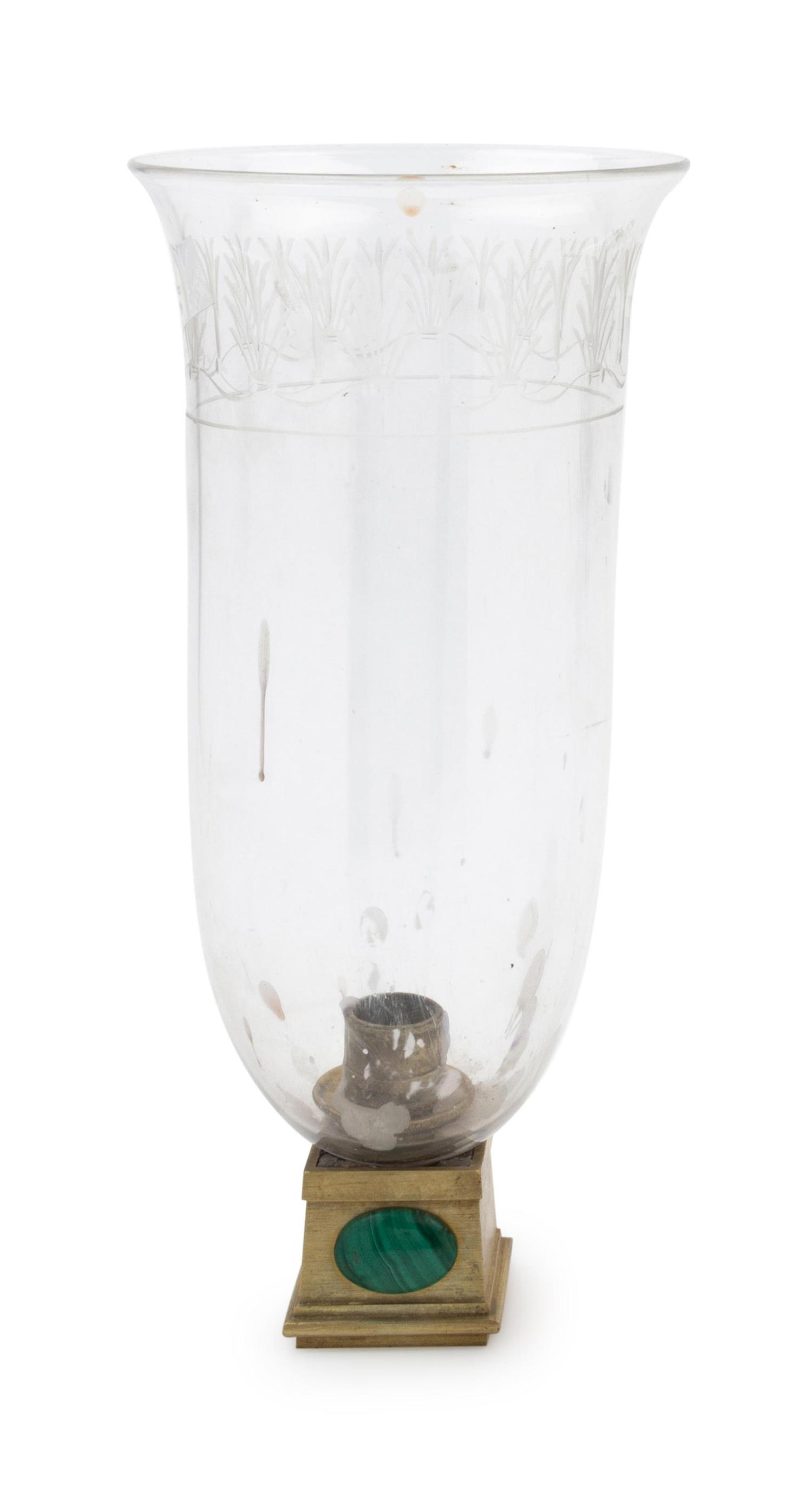 A Malachite Mounted Gilt Metal and Etched Glass Hurricane Shade