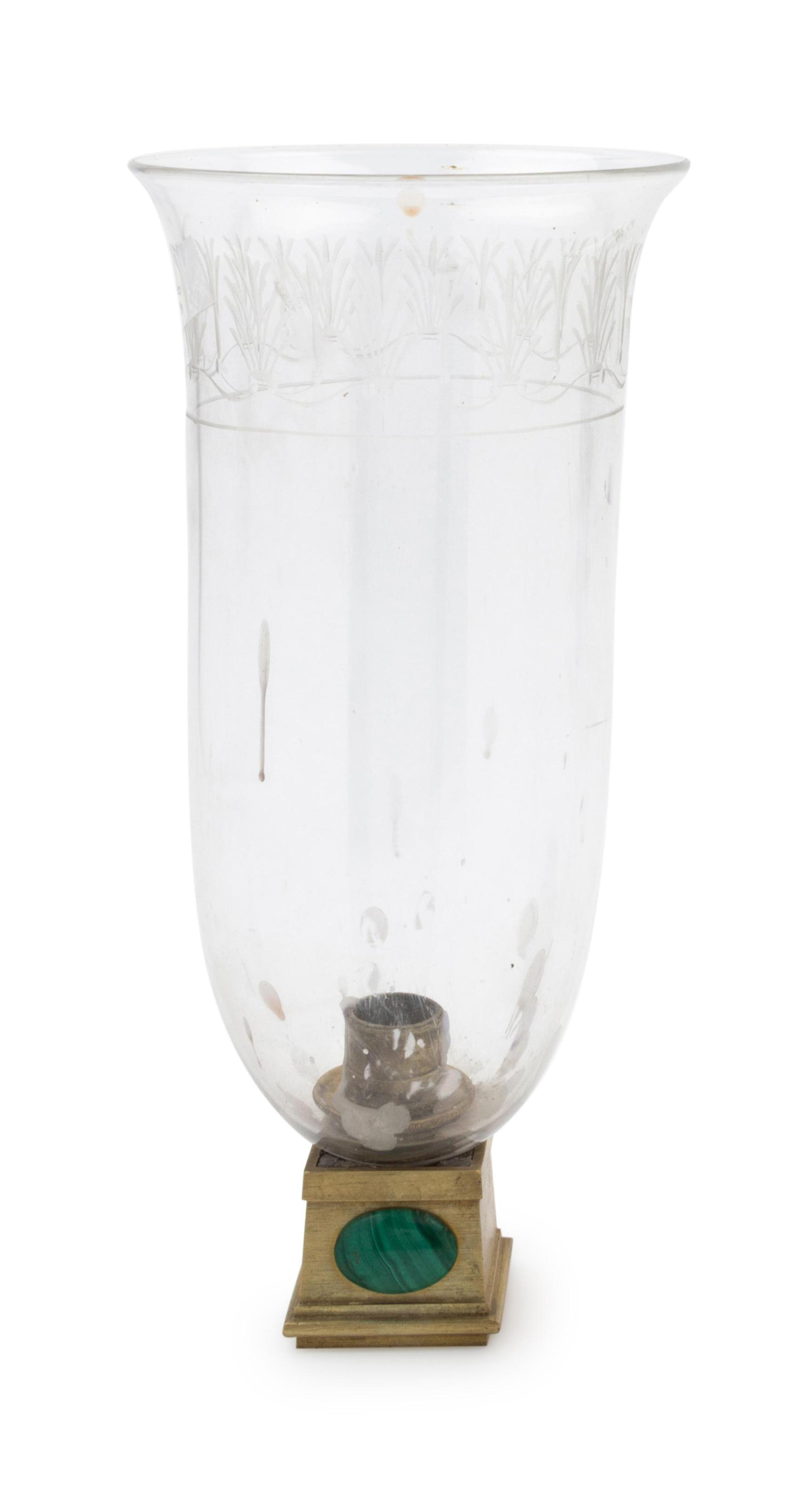 A Malachite Mounted Gilt Metal and Etched Glass Hurricane Shade