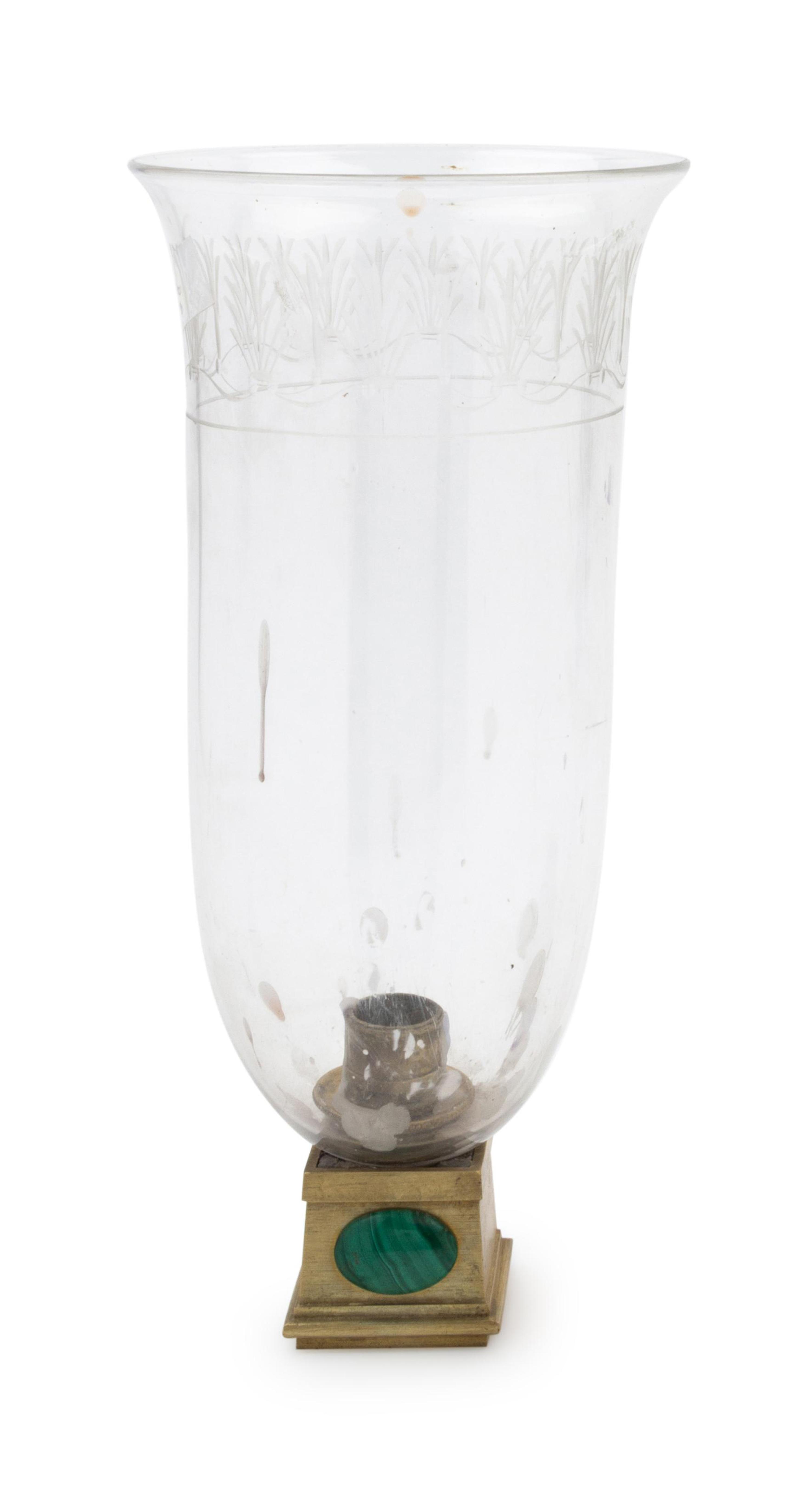 A Malachite Mounted Gilt Metal and Etched Glass Hurricane Shade