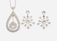 A Set of 14K White Gold and Diamond Earrings and Necklace