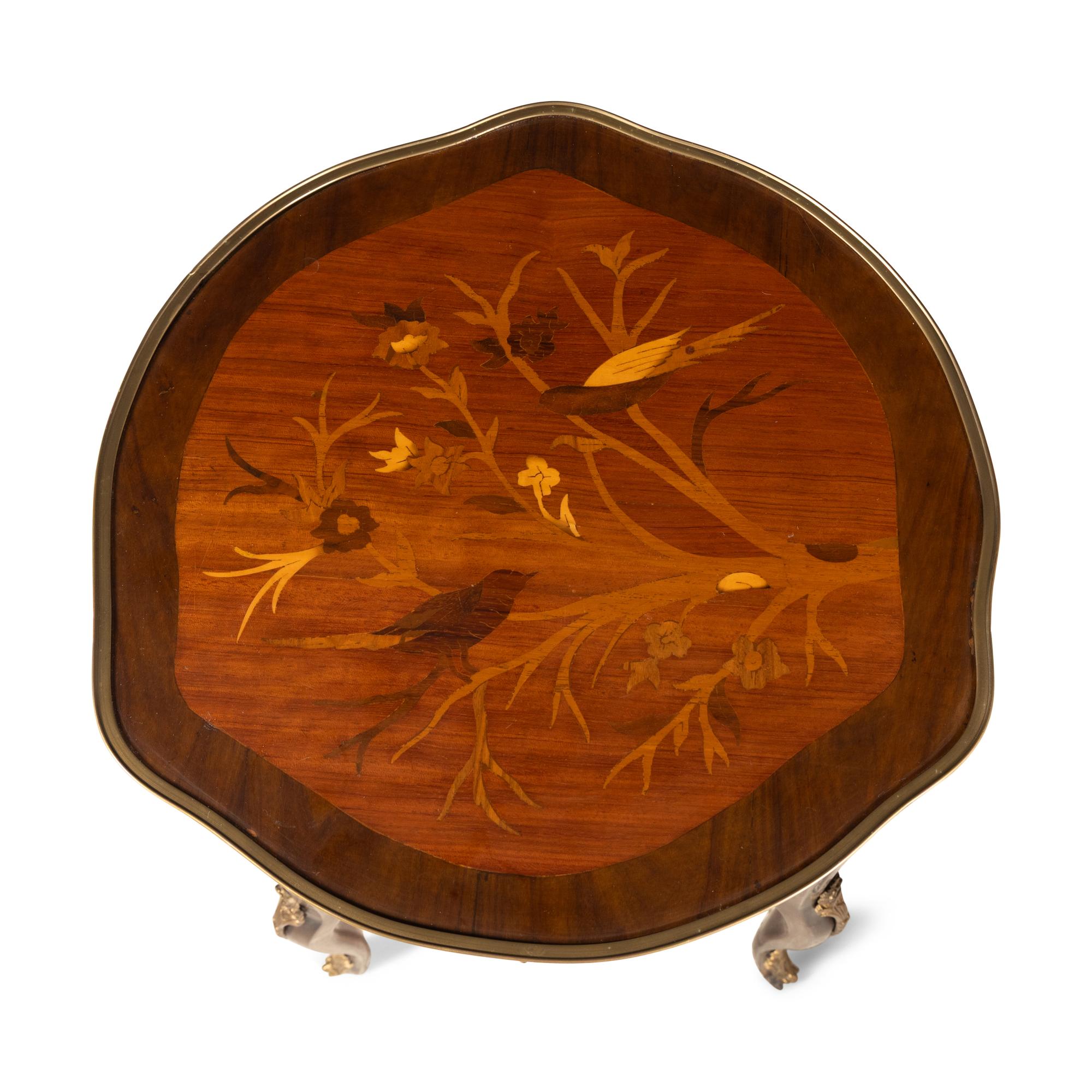 A Pair of Late Louis XV Style Marquetry, Gilt-Brass and Enamel Mounted Side Tables