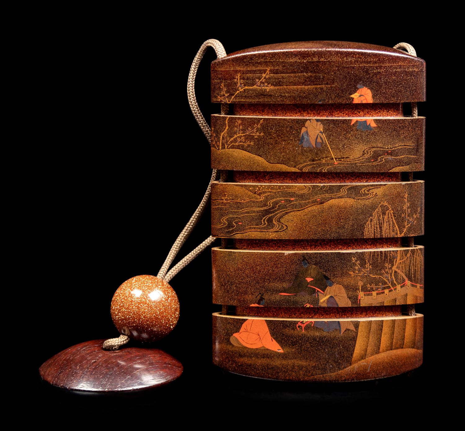 A Polychrome, Gold and Black Lacquer Four-Case Inro