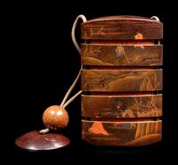 A Polychrome, Gold and Black Lacquer Four-Case Inro